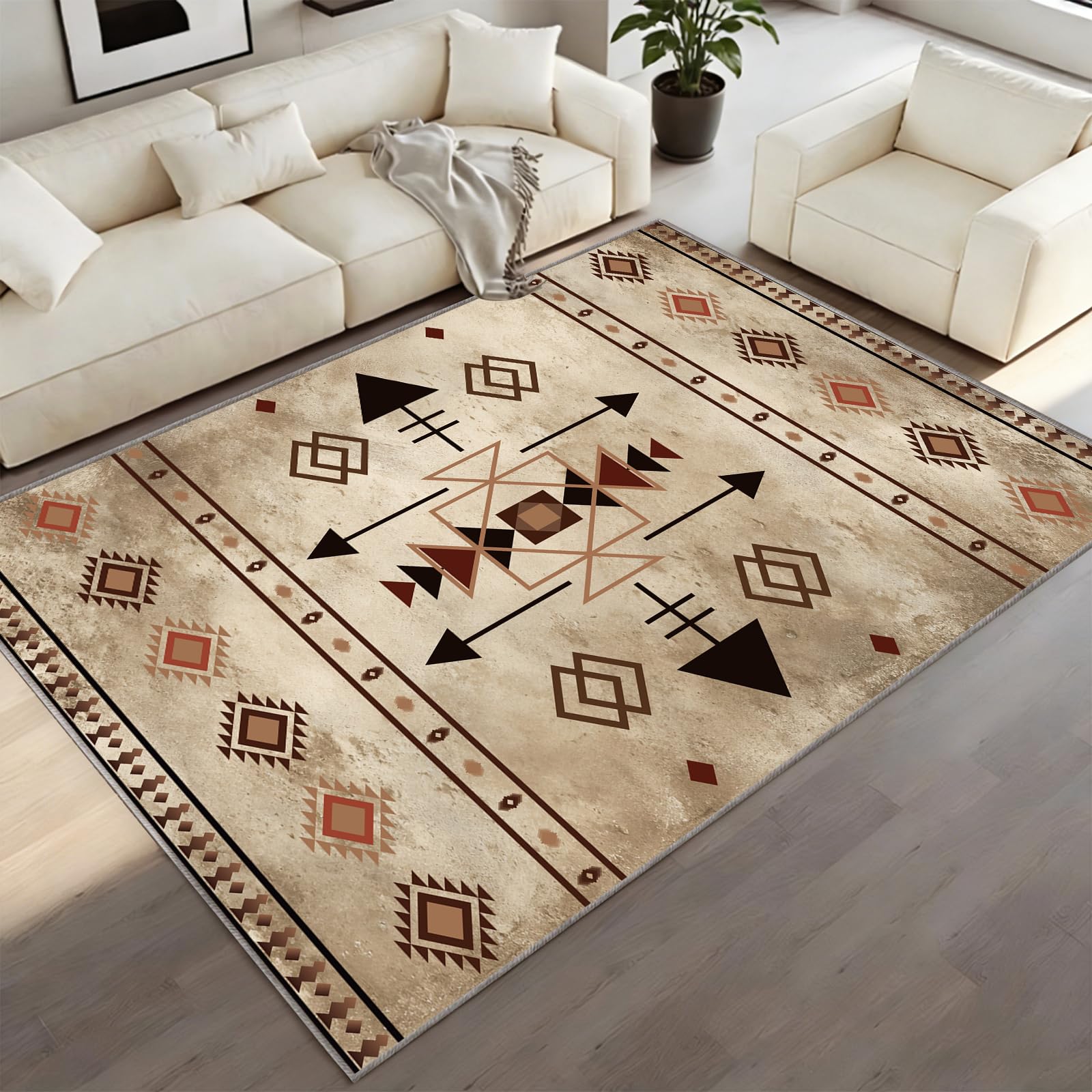 BEQUTIY Western Aztec Rug 180 x 270 cm, Boho Brown Area Rug, Black Arrow Carpet for Fade Resistant Washable Carpet, for Dining Room, Nursery Room Fireplaces