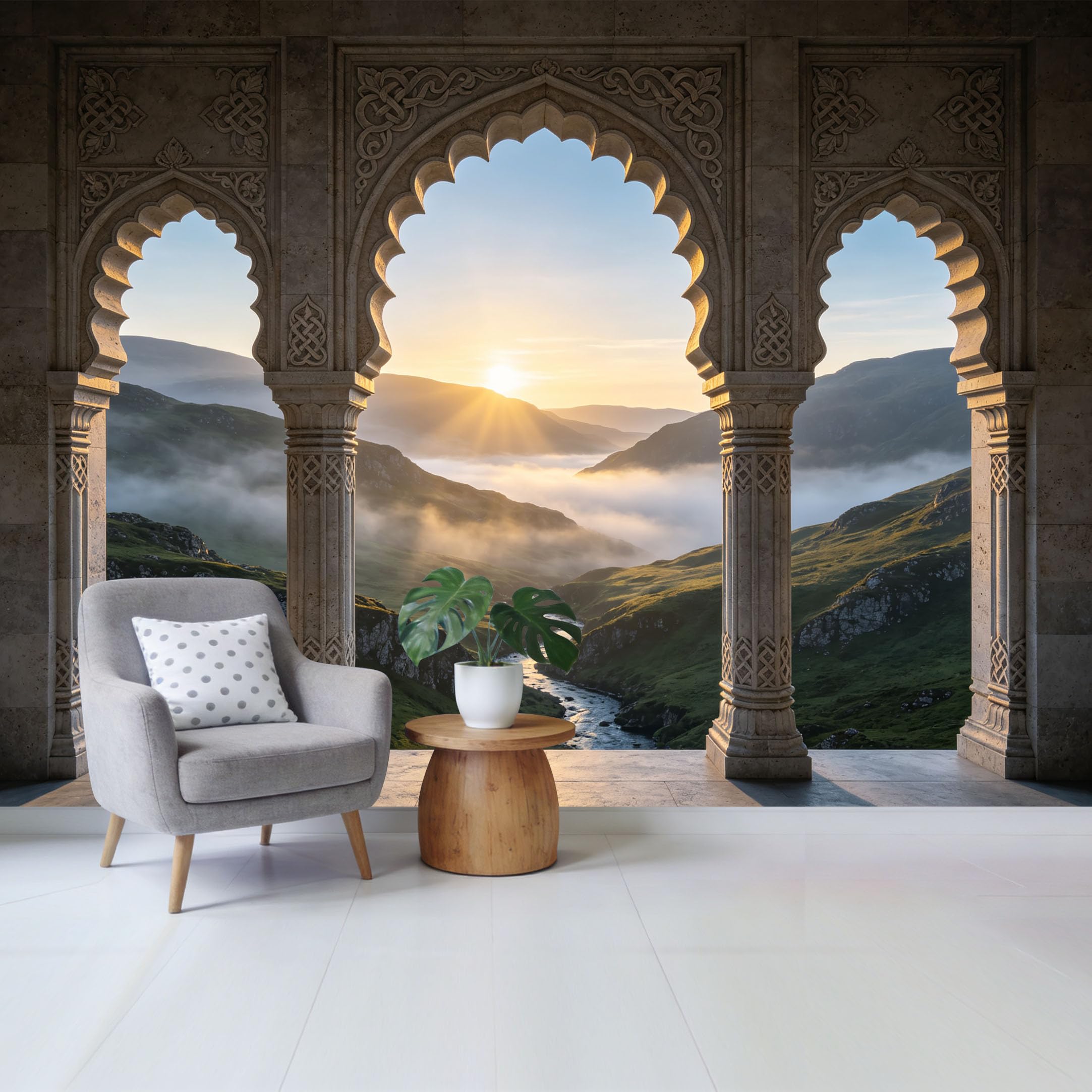 Custom Size Wall Mural Mountain Valley Sunrise View Through Ornate Archway Landscape Removable Self Adhesive Fabric Home Wall Decor for Living Room Bedroom Bathroom