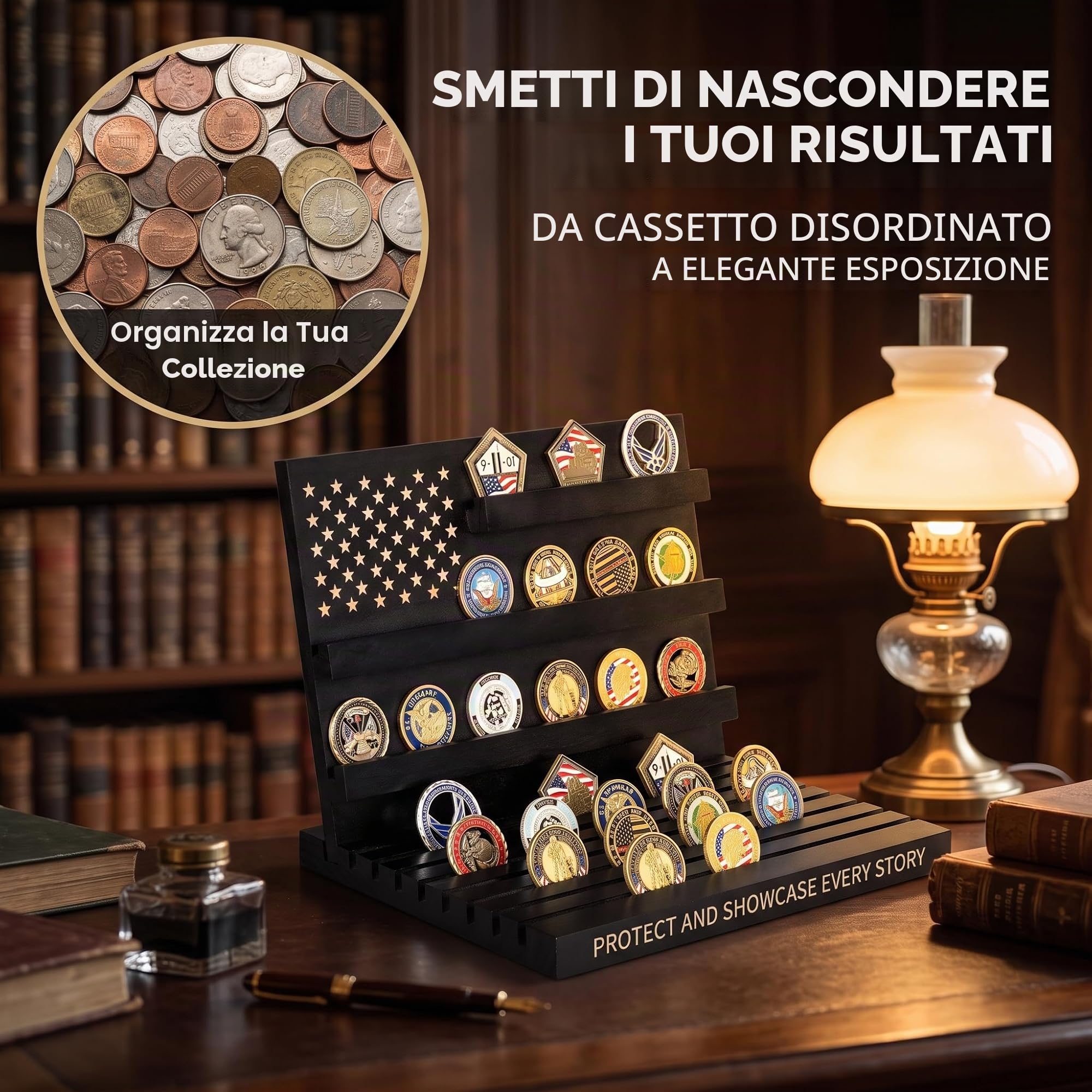 Porta Medaglie in Legno Massello, Espositore Inclinato per Medaglie e Monete da Collezione, Porta Monete da Collezione con Capacità 15-18 Oggett,Vetrinetta per Oggetti da Collezione