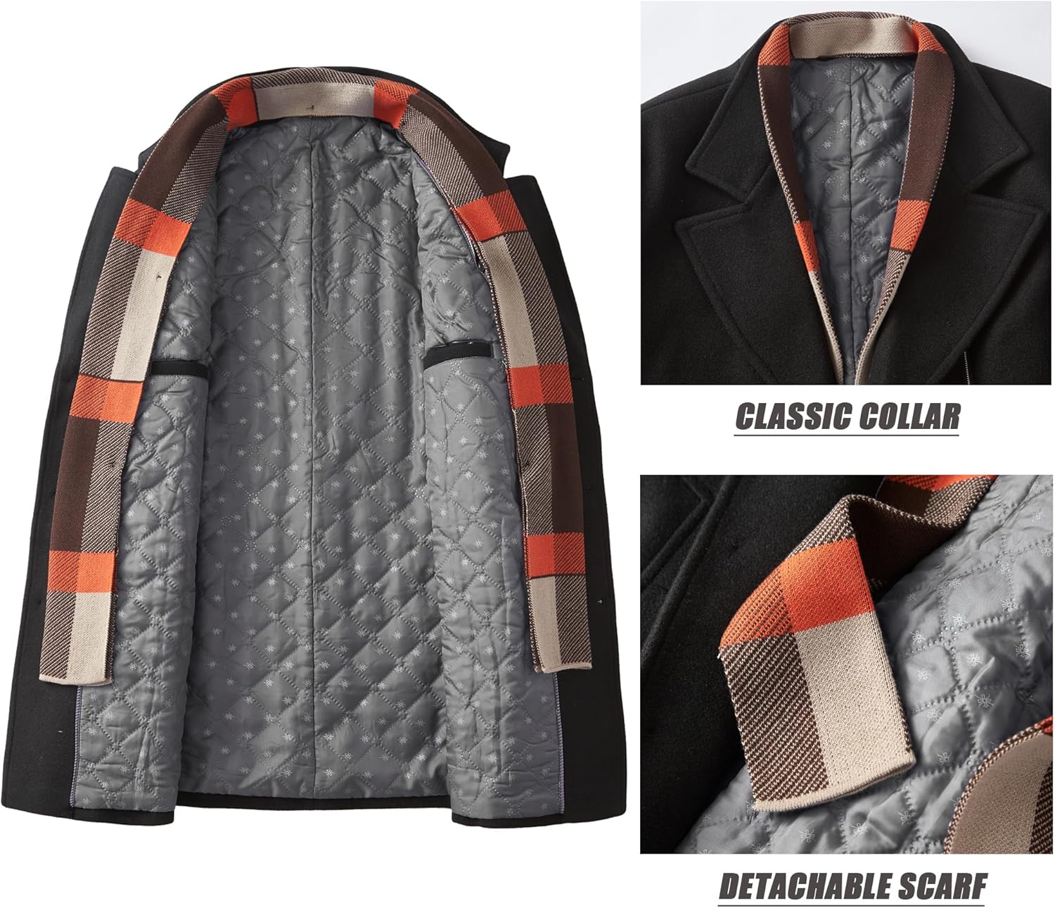 WULFUL Men’s Wool Blend Winter Coat Slim Fit Short Trenchcoat Warm Business Jacket with Detachable Soft Wool Scarf - Image 4