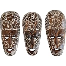 OMA Set of 3 Wooden Hand Crafted African Wall Sculptures Tribal Tiki Mask Wall Art For Home Decor And Gift Tribal Design Fortune and Peace
