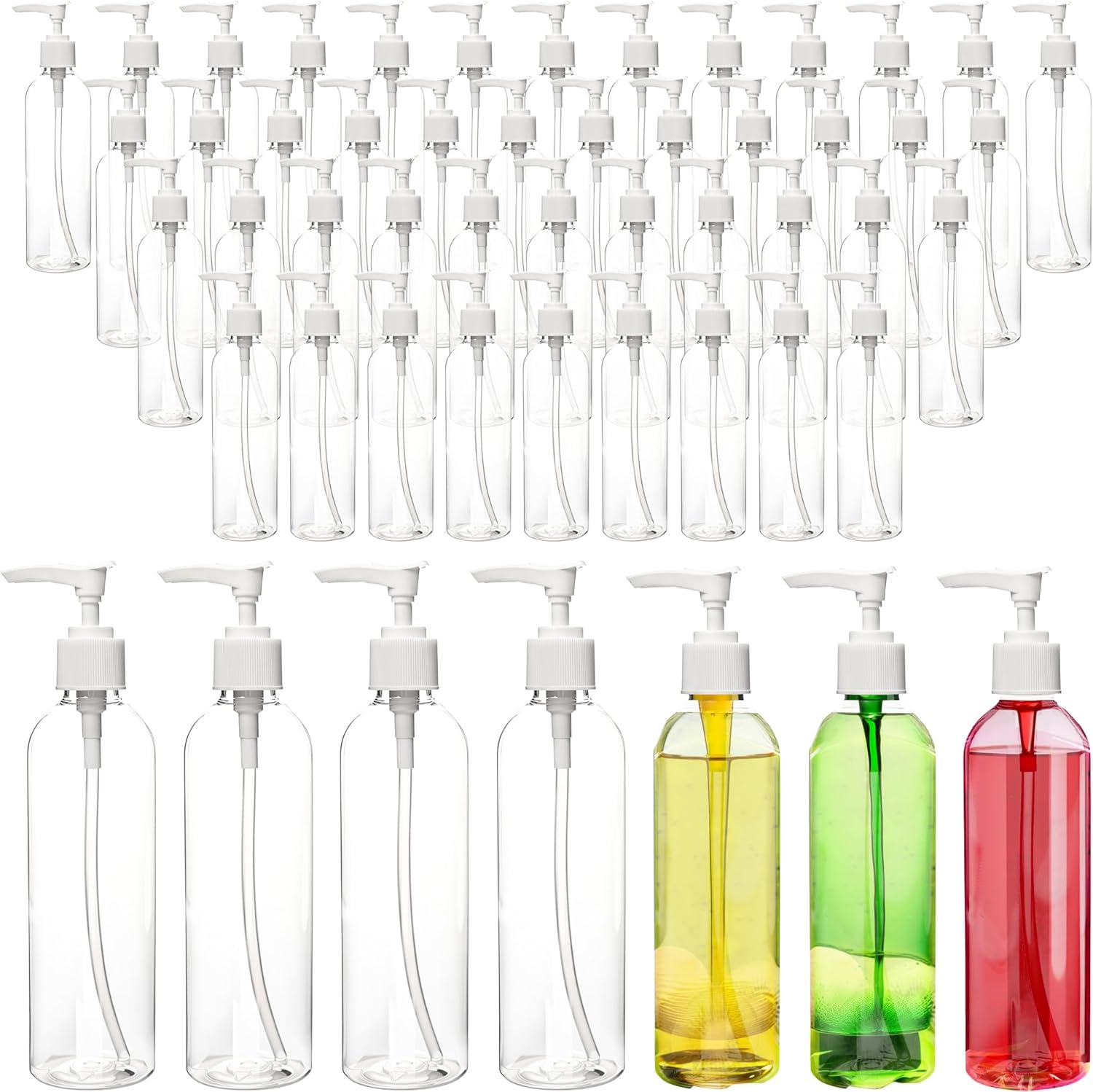 52 Pcs Empty Plastic Pump Bottle 8 oz/ 250 ml Clear Lotion Pump Dispenser Refillable Shampoo Containers Bulk with Travel Lock for Body Wash Liquid Soap Massage Oil Face Cream Conditioner