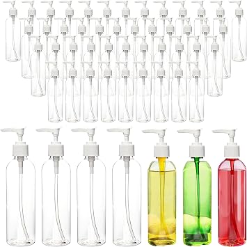 52 Pcs Empty Plastic Pump Bottle 8 oz/ 250 ml Clear Lotion Pump Dispenser Refillable Shampoo Containers Bulk with Travel Lock for Body Wash Liquid Soap Massage Oil Face Cream Conditioner