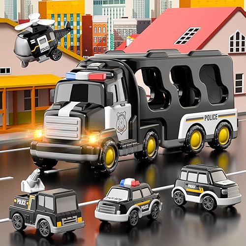 Miniatura 7 de Bennol Camión de policía 5 en 1 para niños de 1, 2, 3, 4, 5 años, vehículos de rescate de policía, autos, camiones, autobús, helicóptero para niños