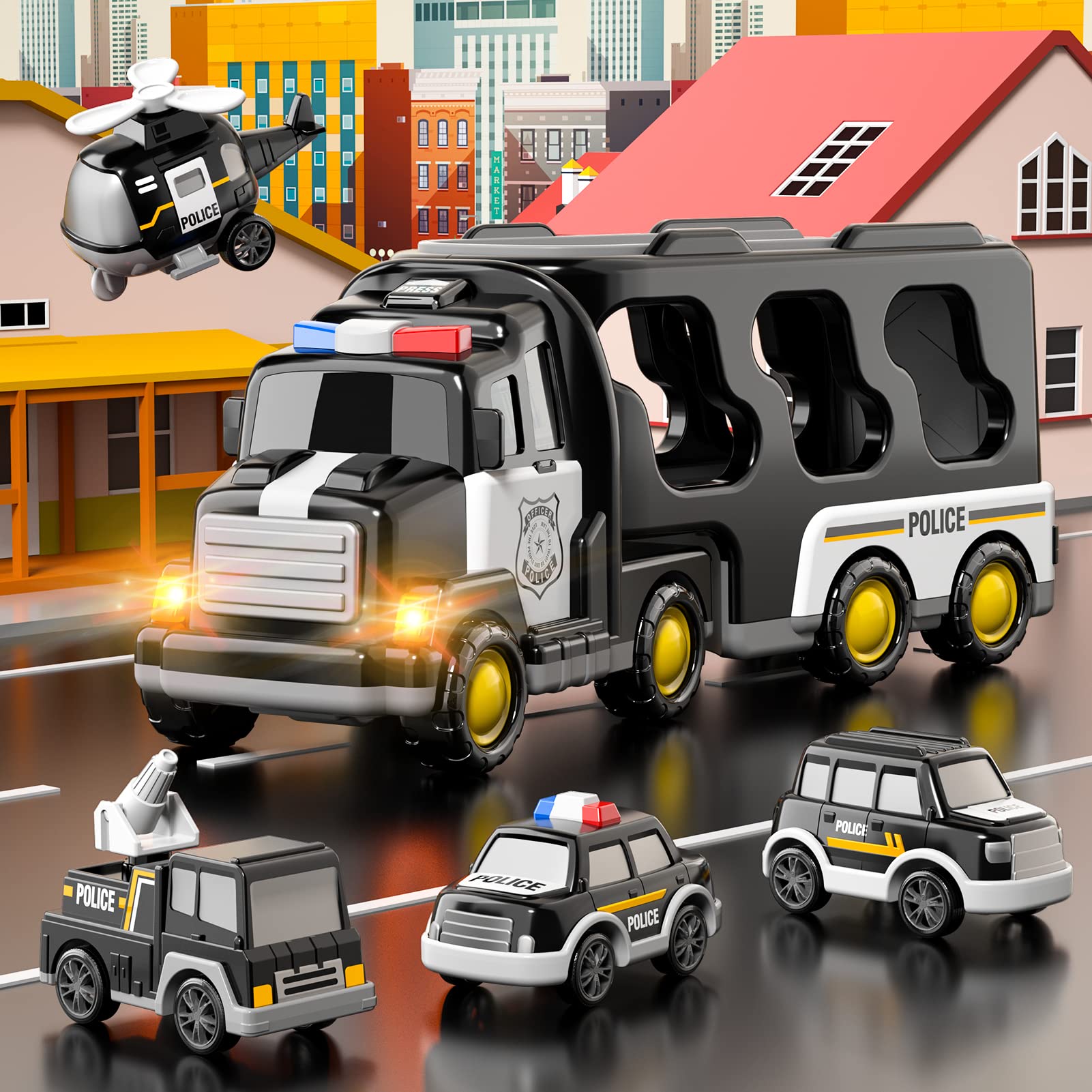 Camión de policía 5 en 1 para niños de 1, 2, 3, 4, 5 años, vehículos de rescate de policía, autos, camiones, autobús, helicóptero para niños de 1 a 3 a 5 años, juguetes de coche para niños de 1 7