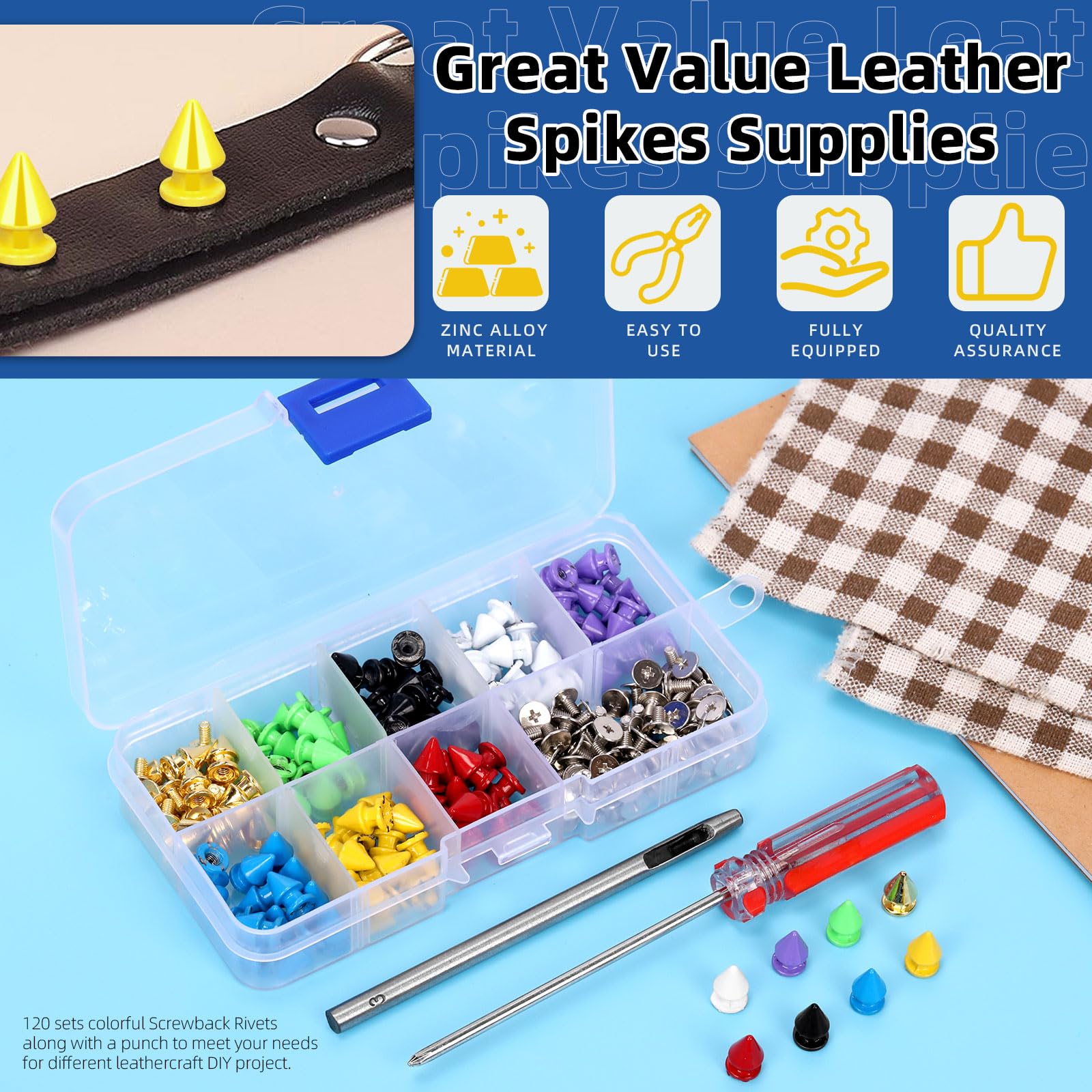 Glarks 120 Sets 8x12mm Metal Big Tree Spikes Studs Kit, 8 Colors Metallic Screw-Back Bullet Rivets for DIY Leather Craft - Image 3