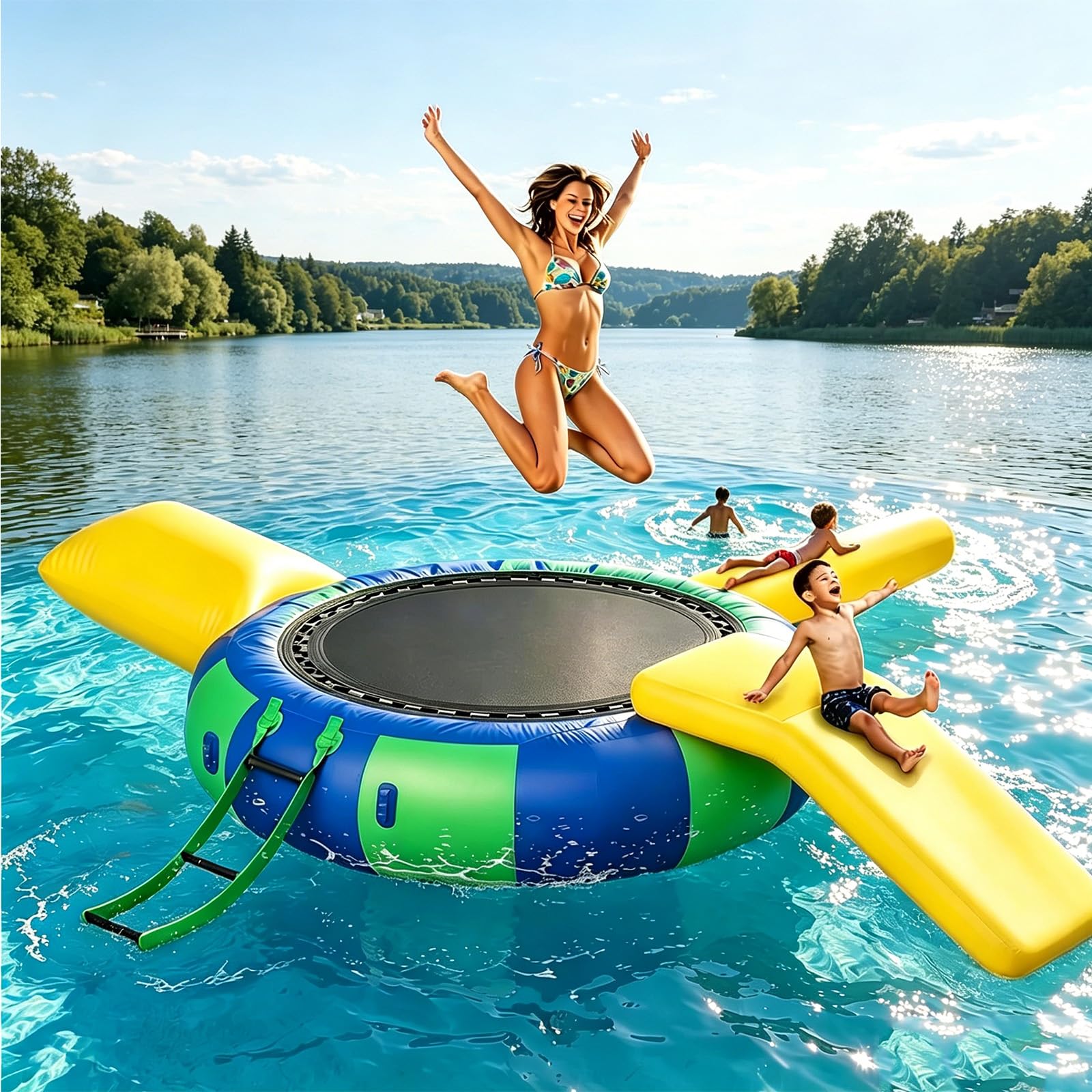NSACMD ,16FT,Inflatable Water Trampoline with Slide – 10/13/16FT – Bounce & Splash Platform for Lake, Pool – Adult & Kid Friendly