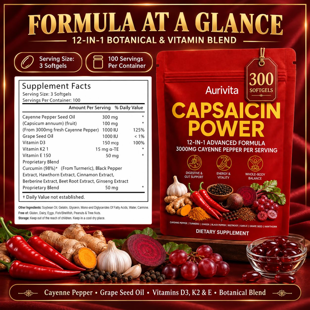 Aurivita Capsaicin Power - 300 Softgels Cayenne Pepper Supplement, with Vitamin E D3 & K2, Beetroot & Turmeric, Supports Circulation & Daily Energy — Amazon image 2