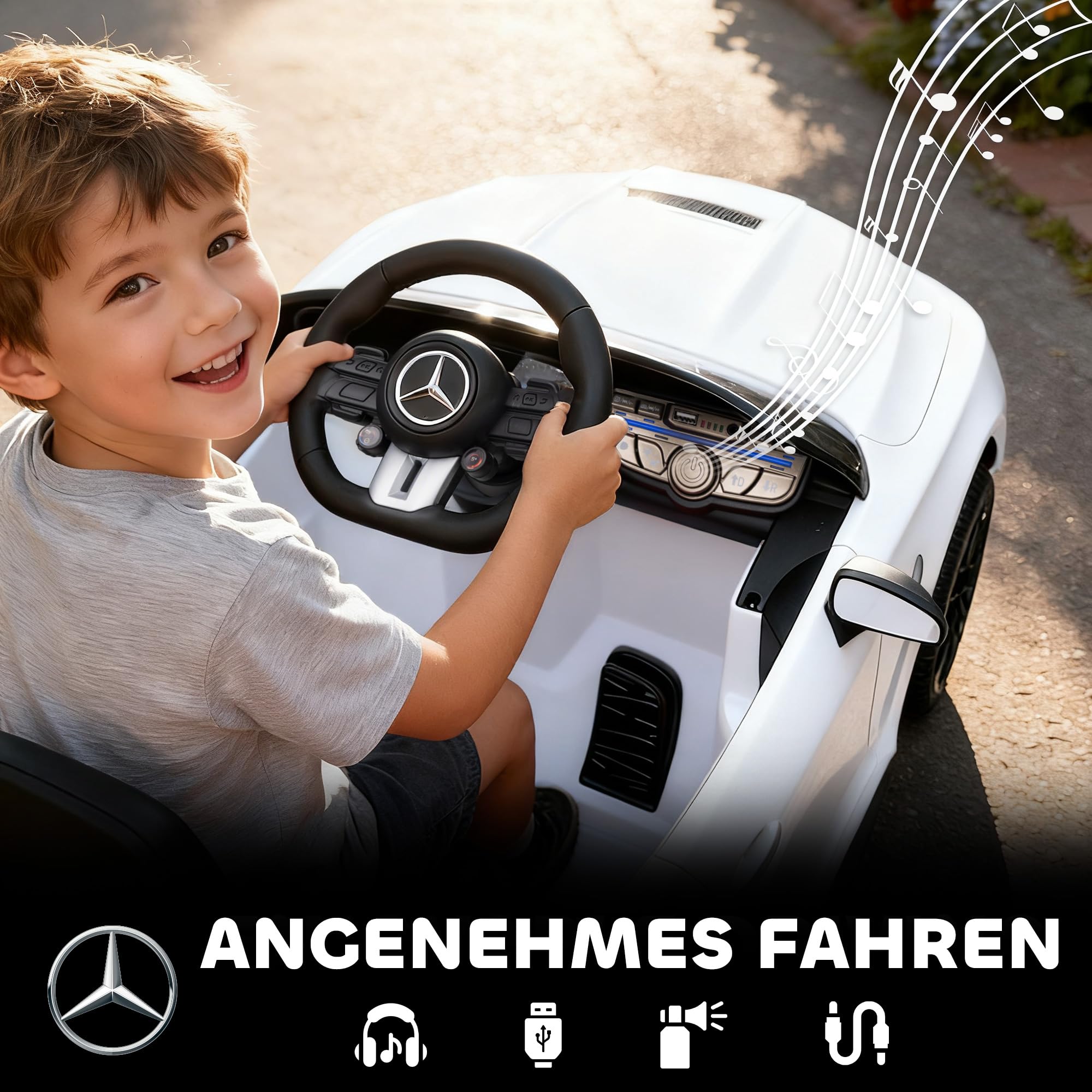AIYAPLAY Elektryczny samochód dla dzieci 12V z pilotem 2,4 GHz, 2 silniki, pojazd dla dzieci z muzyką, MP3, płynnym startem/stopem, klaksonem, zawieszeniem, światłami LED, kółkami pomocniczymi, dla