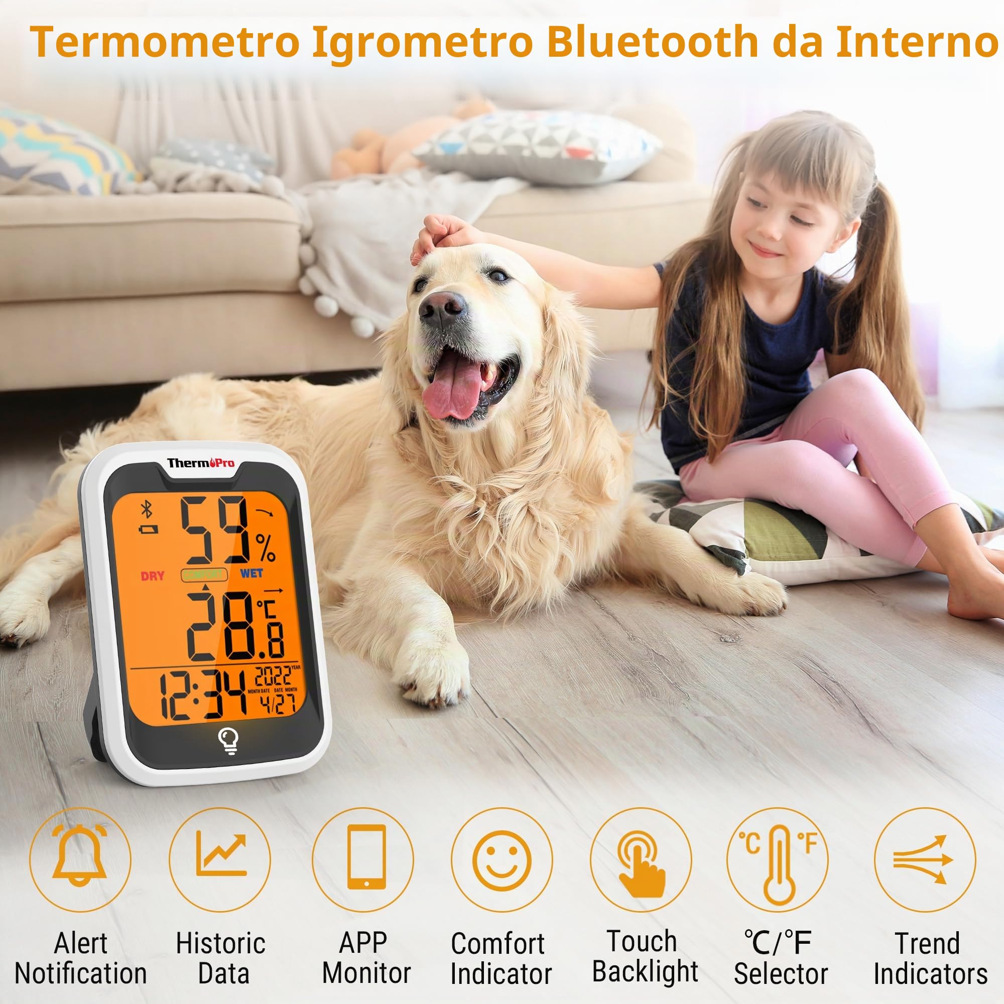 Thermopro TempPro TP358 Termometro Igrometro Bluetooth Interno Con Orologio Integrato, da 80m Retroilluminato con Controllo APP per Serra Domestica