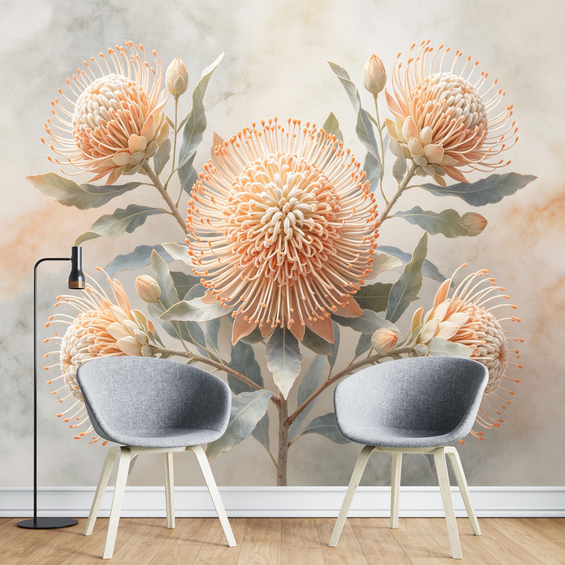 Fototapeten Aquarell Protea Banksia Floral Wandbild Foto Tapete Nicht Gewebte 350 x 260 cm 3D Tapete Moderne Wandkunst für Wohnzimmer Schlafzimmer Heimdekoration Hintergrund