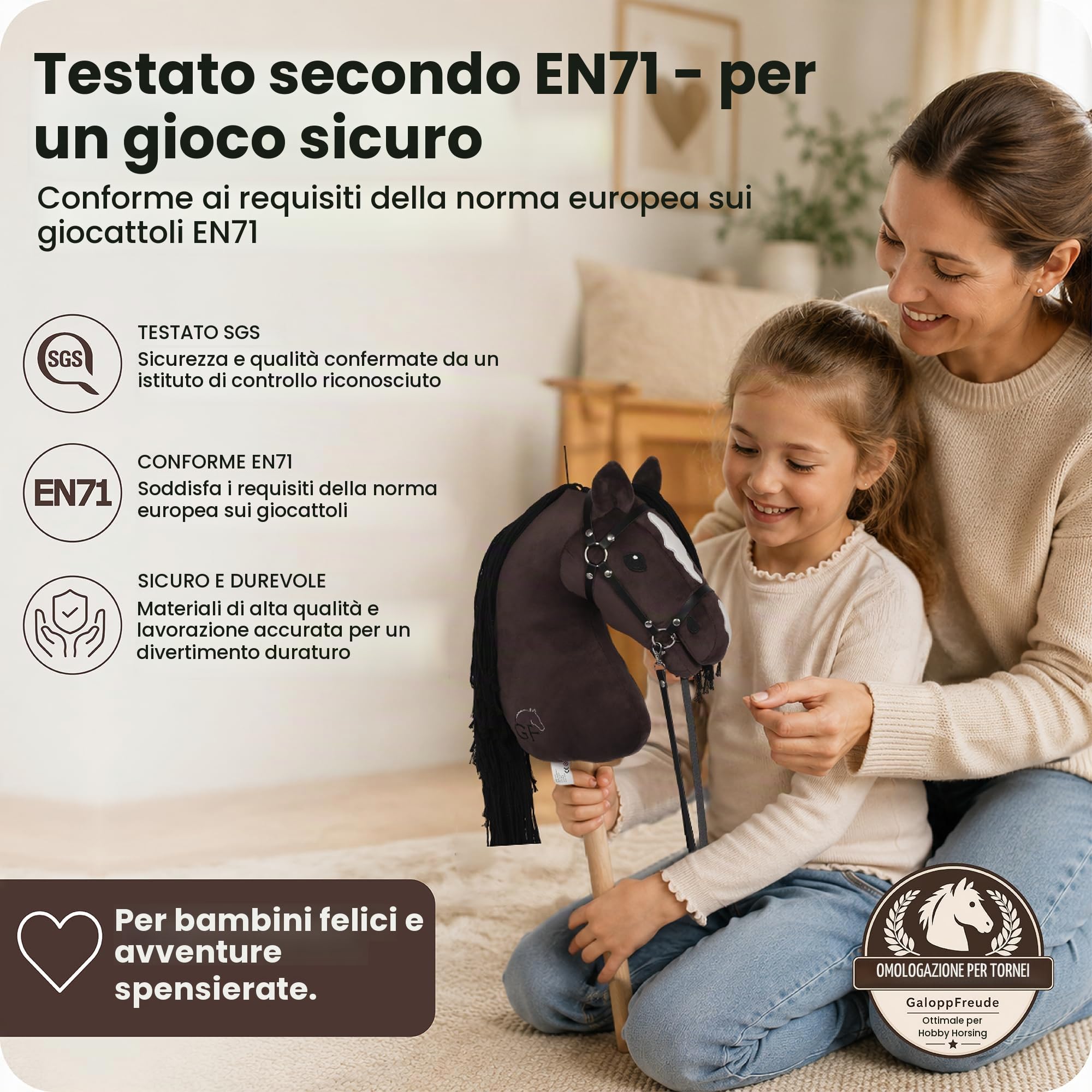 GaloppFreude Hobby Horse Horse - Cavallo grande A3 con asta a vite e flangia - Cavallo da equitazione per bambini e cavalli con crinini lunghi, accessori per Hobby Horse