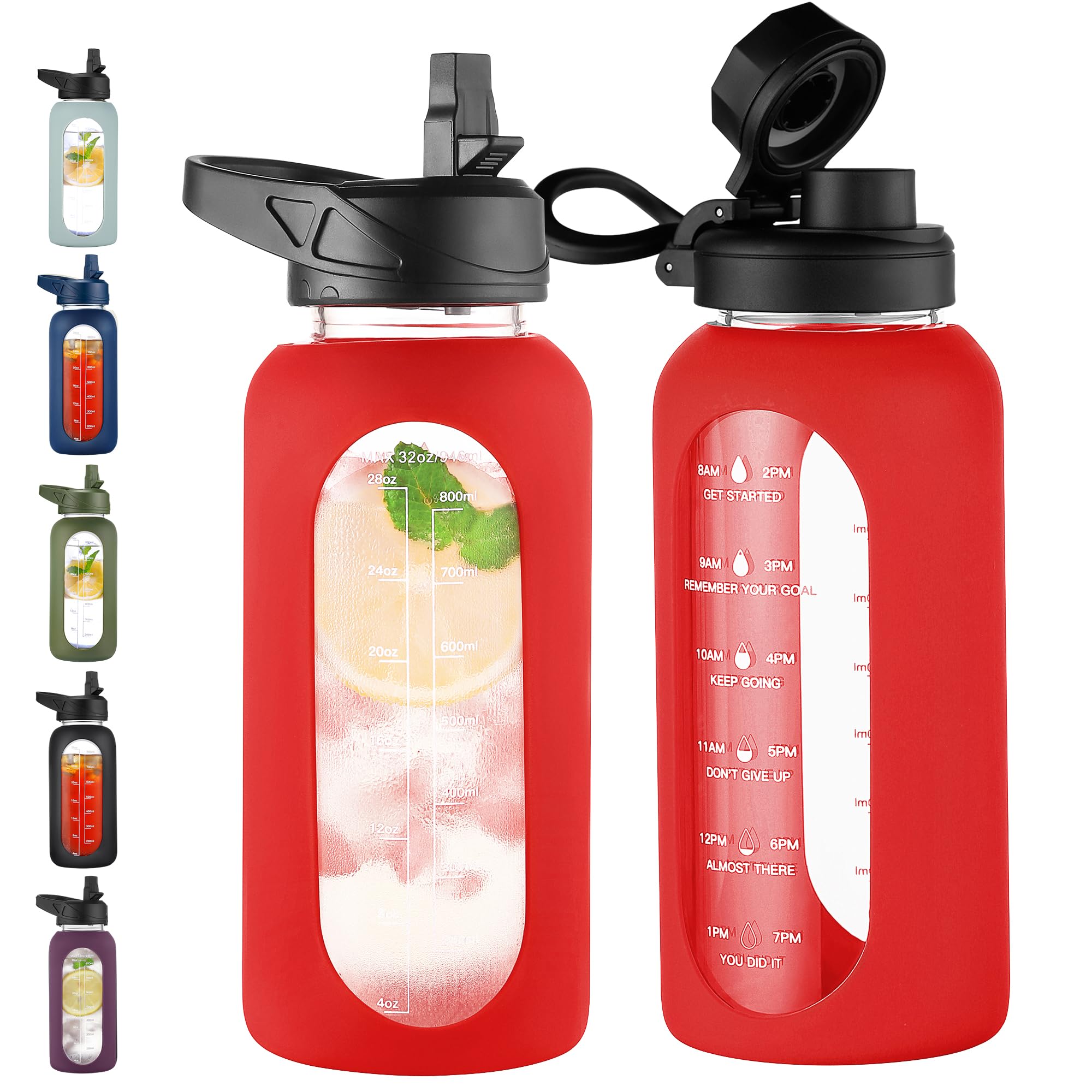 CIVAGO 32 oz Glass Water Bottle with Straw, Large Motivational Water Jug
