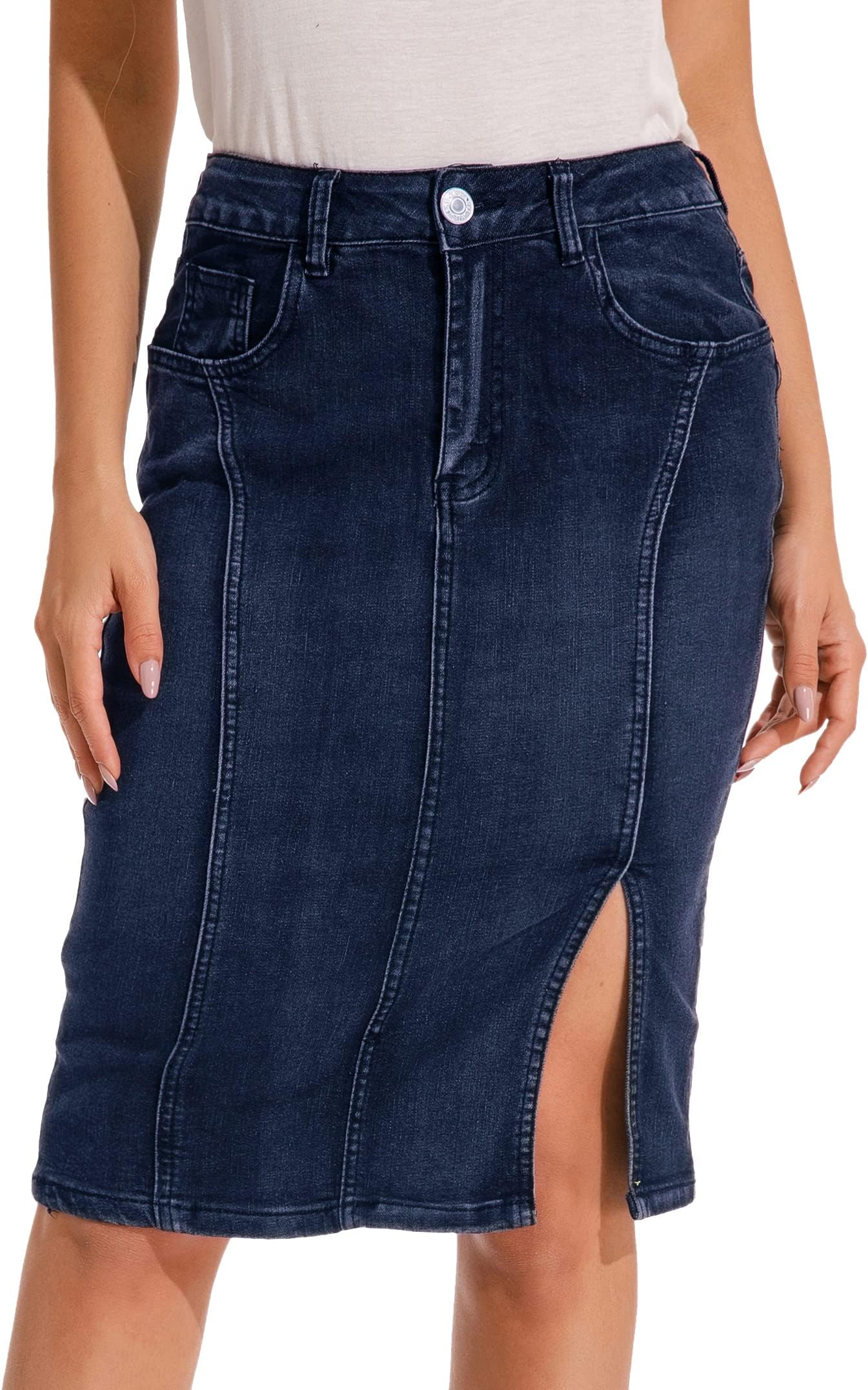 GUANYYWomen's Mid Waist Stretch Denim Skirt with Slit - Knee Length Casual Wear