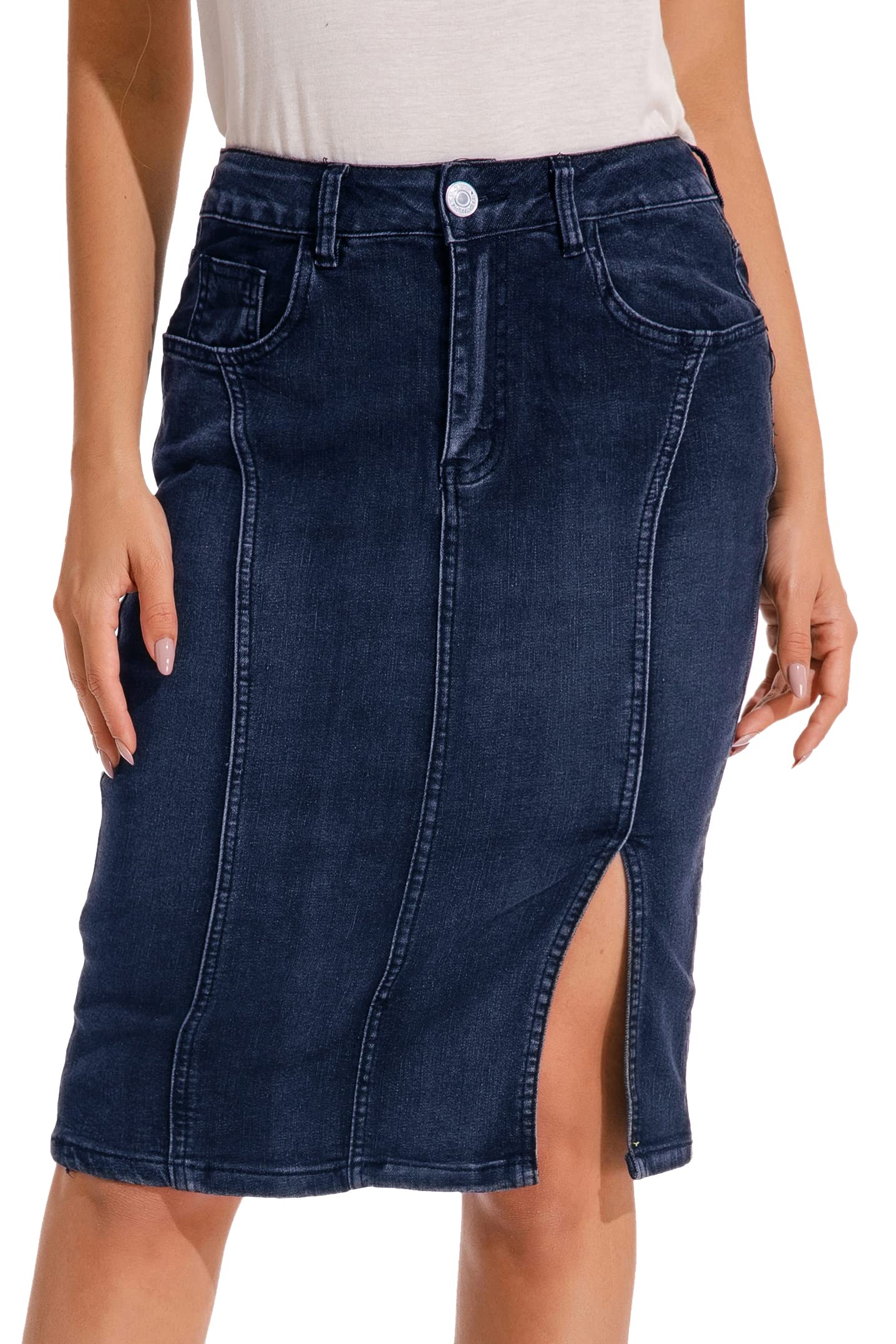 GUANYYWomen's Mid Waist Stretch Denim Skirt with Slit - Knee Length Casual Wear