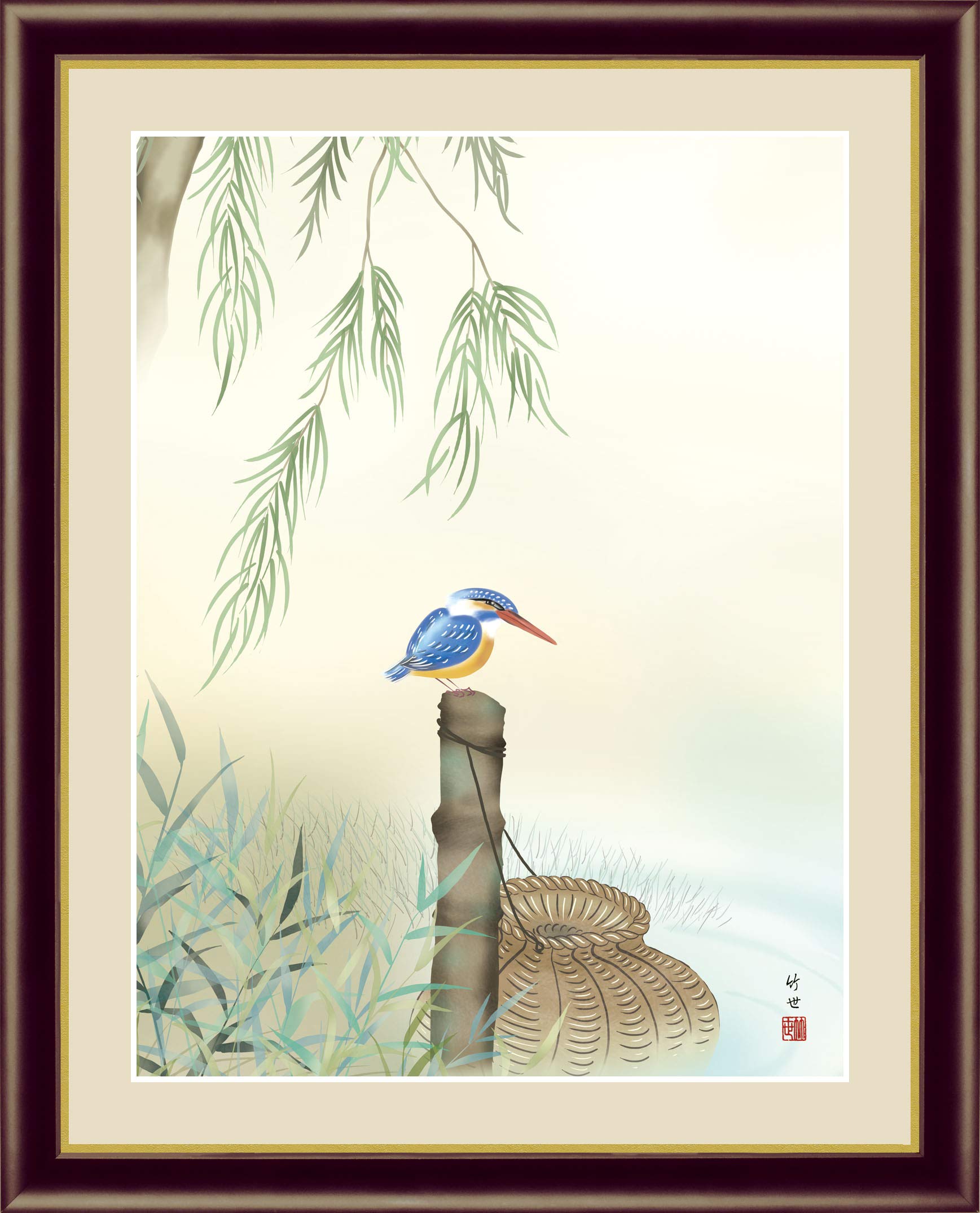 Amazon.co.jp: アート額絵 花鳥画 夏飾り 田村竹世 「かわせみ」日本画 