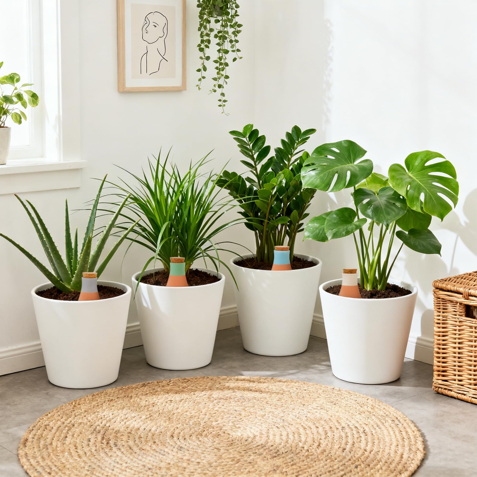 DEAYOU Lot de 4 globes d'arrosage automatique pour plantes en terre cuite avec couvercle, dispositif d'arrosage automatique pour intérieur et extérieur, plantes de vacances, facile à remplir