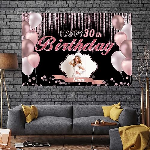 Miniatura 7 de Cartel de decoración de feliz cumpleaños número 30 de oro rosa, tamaño grande, personalización con nombre y foto compatible