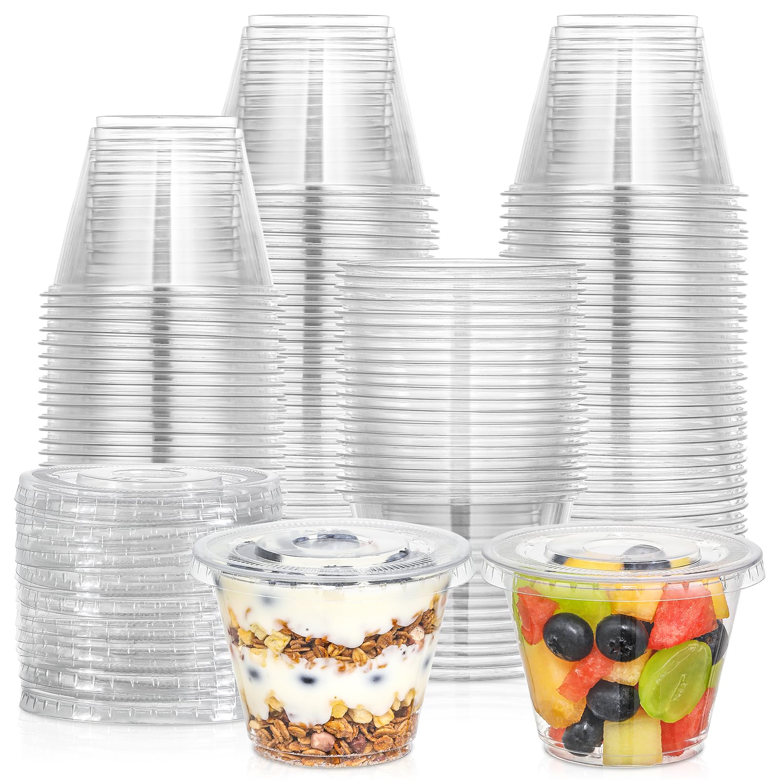 100 Sets, 9 oz Clear Plastic Cups With Flat Lids No Hole, Disposable Cups With Lids for Ice Cream, Pudding, Cake, Snacks Smoothie, Milkshake, Cold Drinks