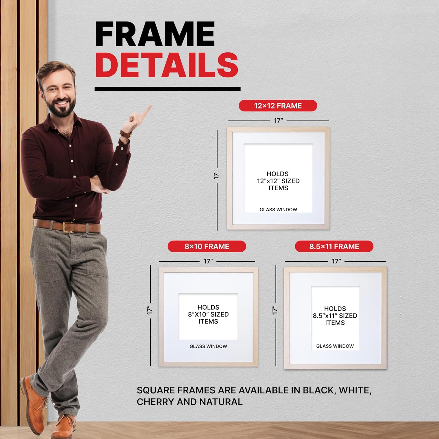 Dynamic Frames Front-Opening Storage Frame for 8.5x11 Prints; 17x17 Gallery Style with Acid-Free White Mat; Thin Profile; Includes Hanging Template & Hardware; Natural Finish