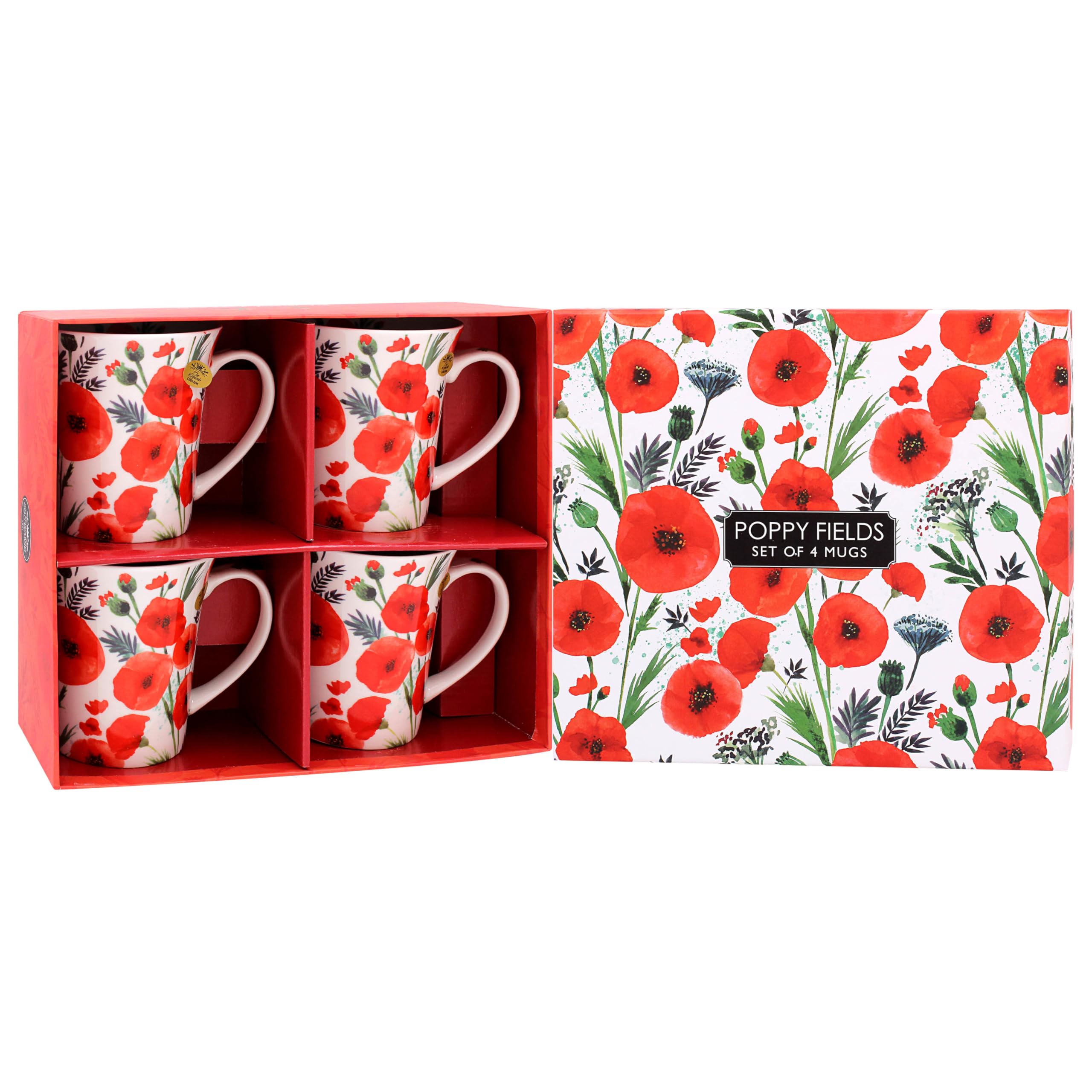 The Leonardo Collection Finola Stack Poppy Mugs Set of 4 Kitchen & Home | Stylish Tableware Mug Set of 4 for Every Occasion | Lovely Coffee Cup Set for Mens Gifts & Birthday Gifts for Women