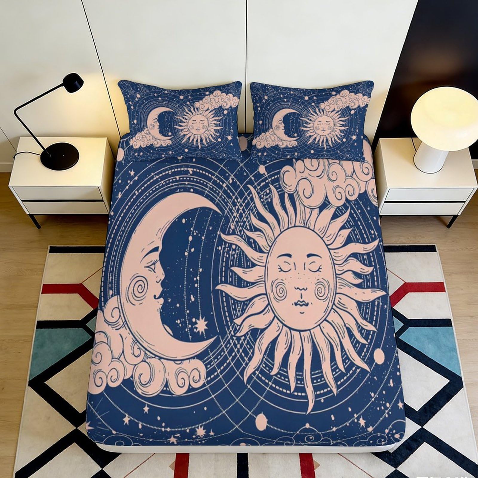 3D Printed Celestial Moon Fitted Sheet Microfiber Soft Breathable Sun Pattern Mattress Cover for Bedroom Dormitory Guest Room Protection Decor 160x200x25cm