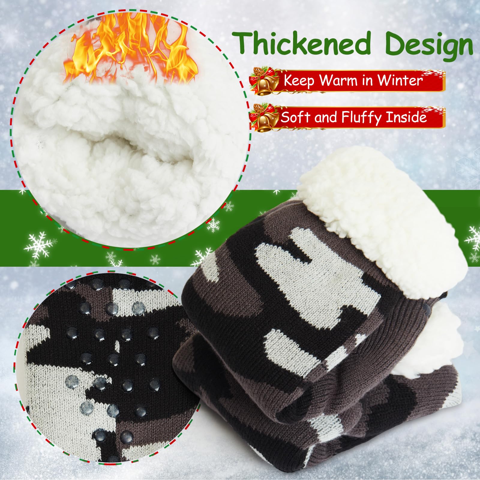 Berlune 4 Paar flauschige Herren-Socken mit Greifern, für den Winter, rutschfest, warm, mit Fleece gefüttert, dick, gemütlich, Camouflage-Socken für Herren, Zubehör, Geschenke für Weihnachten