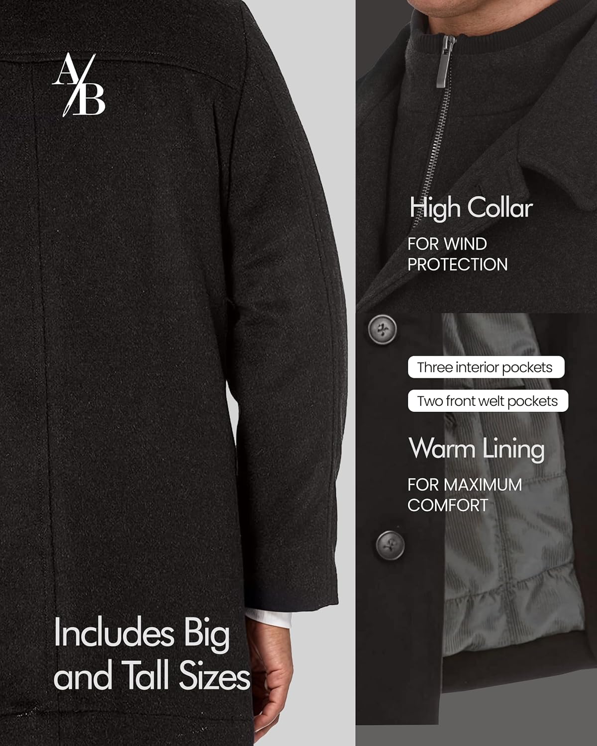 Adam Baker Men's Wool Coat | Classic Fit, Single-Breasted Overcoat | Big and Tall Winter Coats for Men | Wool Blend Jacket - Image 7