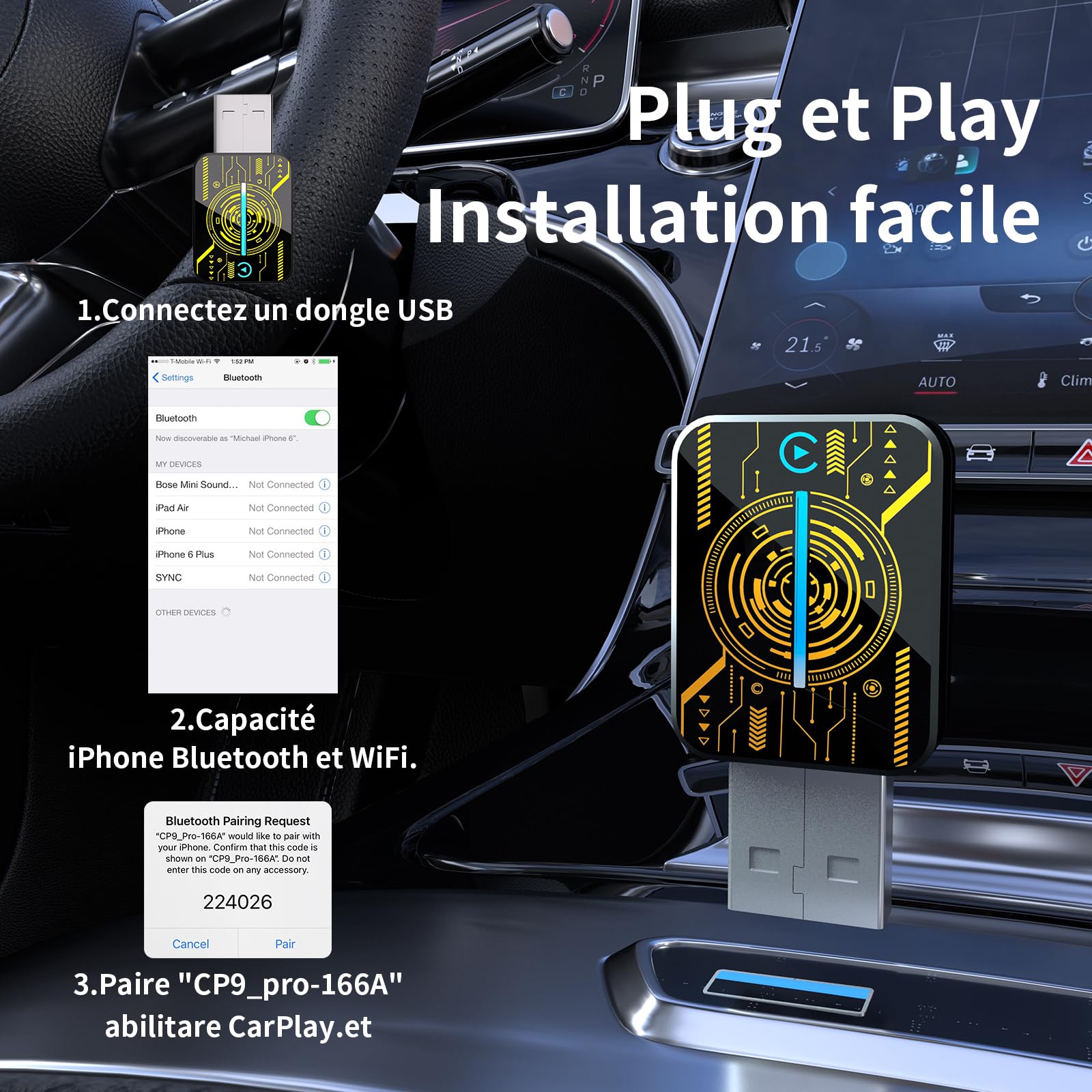Adaptateur CarPlay Sans Fil 2025 - Compatible Voitures 2016+ Et IPhone IOS 10+ - Connexion Auto