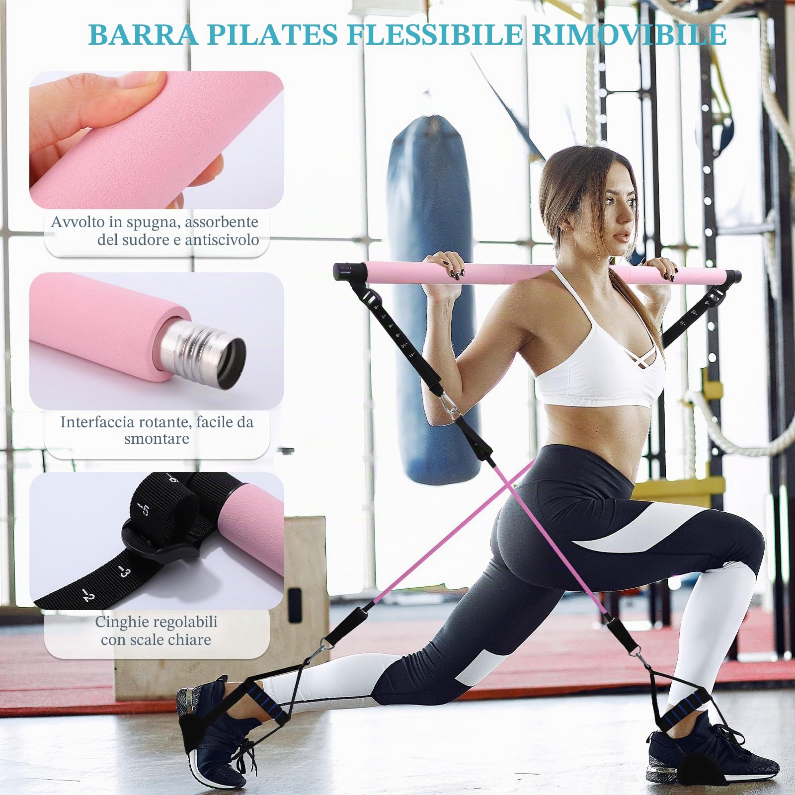 Barra per Pilates con 6 Elastico Fitness, Kit Elastici Fitness Fascia di Resistenza, Pilates Bar per Casa Palestra Yoga Stretching Pilates Fitness Allenamento di Forza