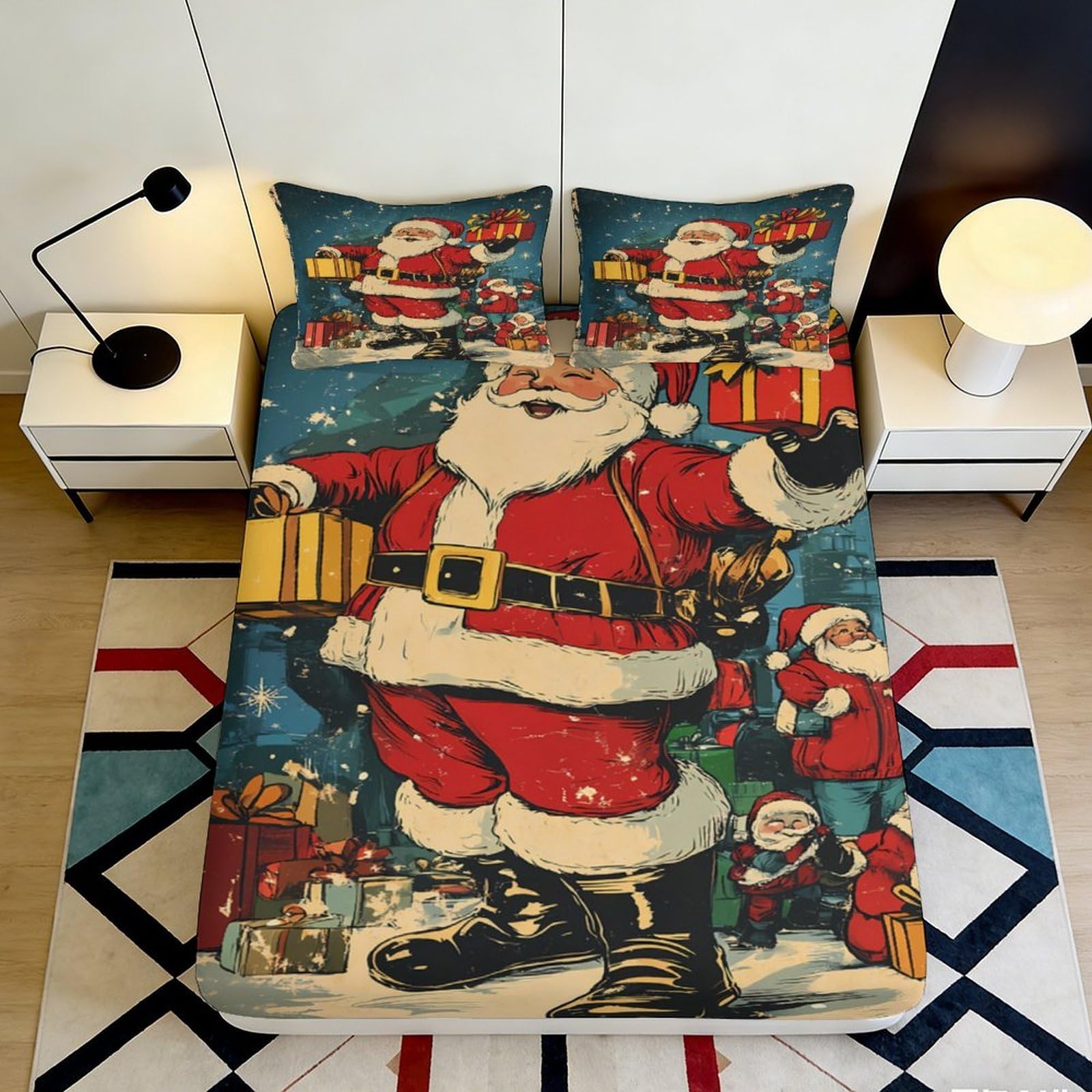 3D Printed Santa Claus Christmas Fitted Sheet Microfiber Red Xmas Gift Bed Cover Non-slip Washable for Bedroom 140x200x25cm