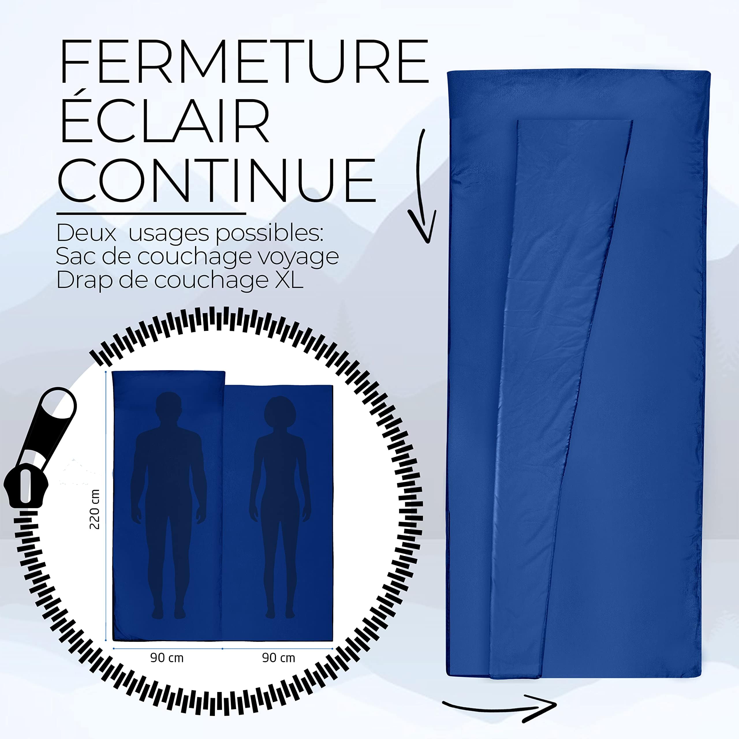 Miqio® Sac de Couchage 2 en 1 avec Fermeture éclair (Gauche ou Droite): Sac de Couchage Ultra-léger et Confortable pour Voyage et Couverture de Voyage XL en 1 – Sac de Couchage intérieur pour l'été