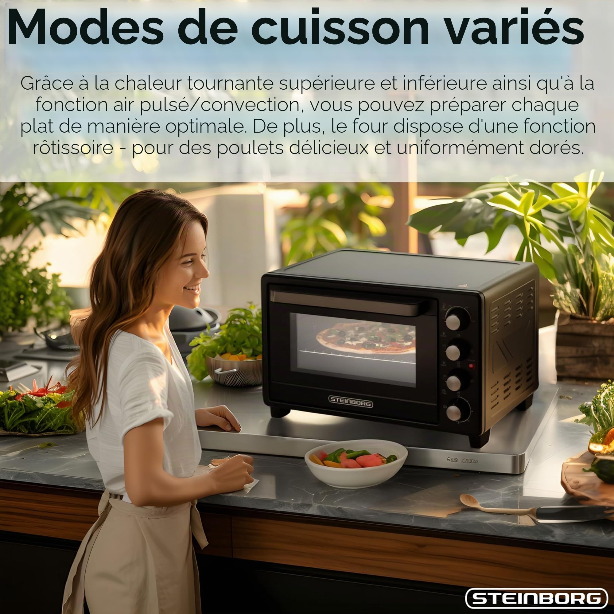 Steinborg Mini four de 35 l avec chaleur tournante et tournebroche - Plaque ramasse-miettes - Chaleur supérieure et inférieure - 1600 W - Avec minuteur - Petit four autonome - Réglage en continu de la