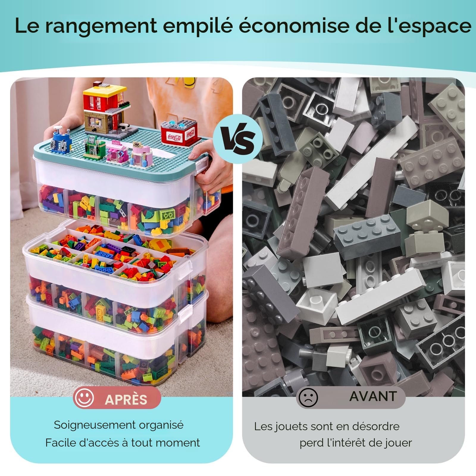 Boite Rangement Plastique pour Lego Briques, 3 Couches Boite Rangement pour Lego avec Couvercle, Enfant Jouets Empilable Organiseur Transparent avec Compartiments pour Ranger les Jouets