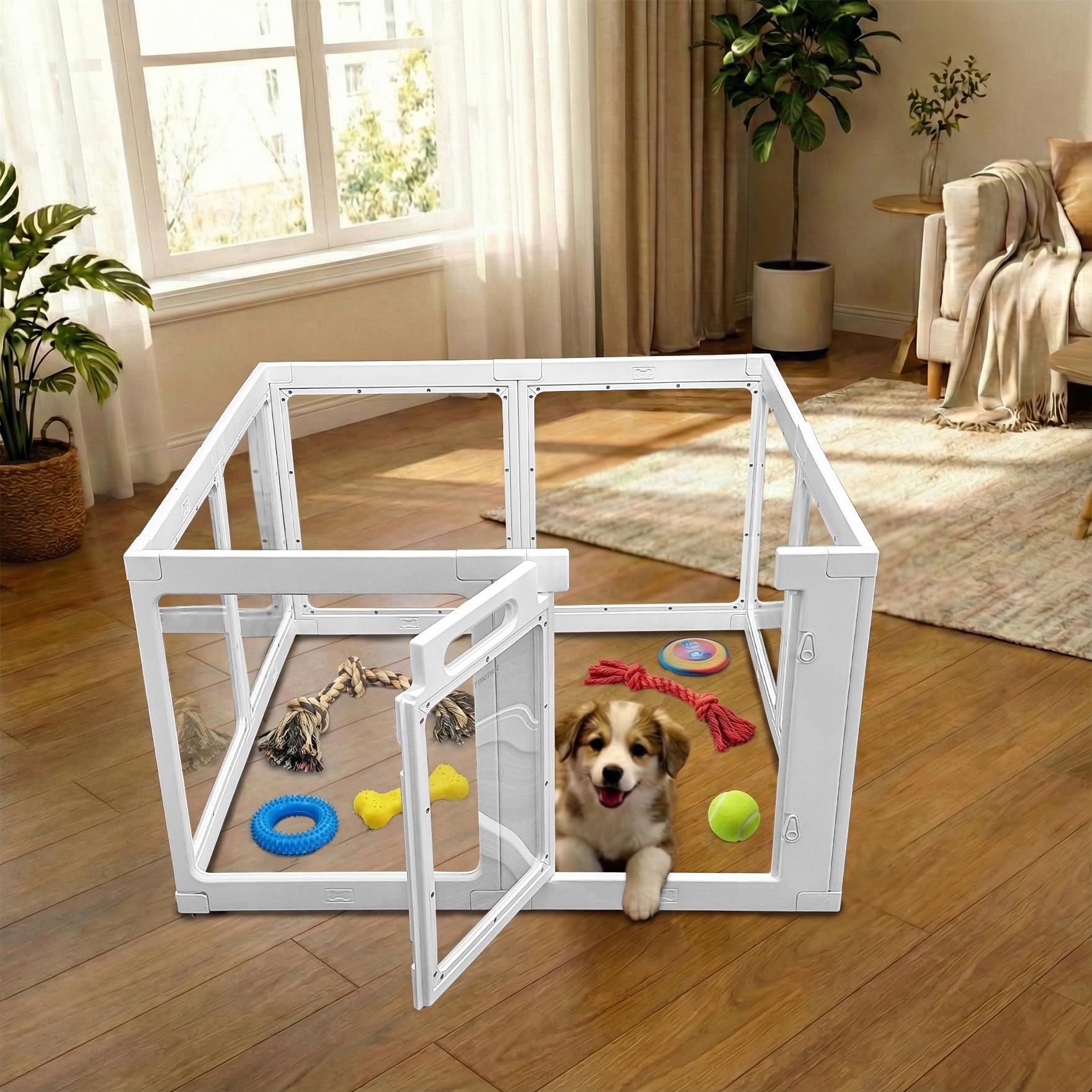 Transparent Indoor Dog Playpen with Safety Lock, Indoor Dog Fence for Small &amp; Medium Pets | Secure, Stylish, Easy Clean Play Pen for Dogs &amp; Pets with Scratch Resistant Panels (White, 8 Panel)