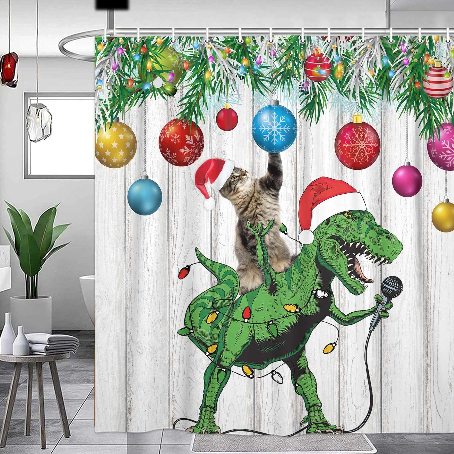 Funny Christmas Shower Curtain, Cute Cute Dinosaur in Santa Hat Singing Merry Christmas for Children Boy and Girl Shower Curtain, Winter Bathroom Decor, 70X75 inch