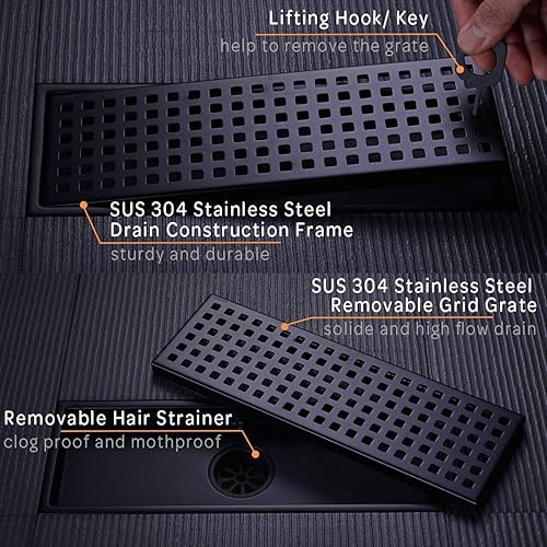 Miniatura 5 de Drenaje lineal para suelo de ducha con cubierta extraíble, rejilla de rejilla de 12 pulgadas de largo, rectangular, acero inoxidable SUS 304,