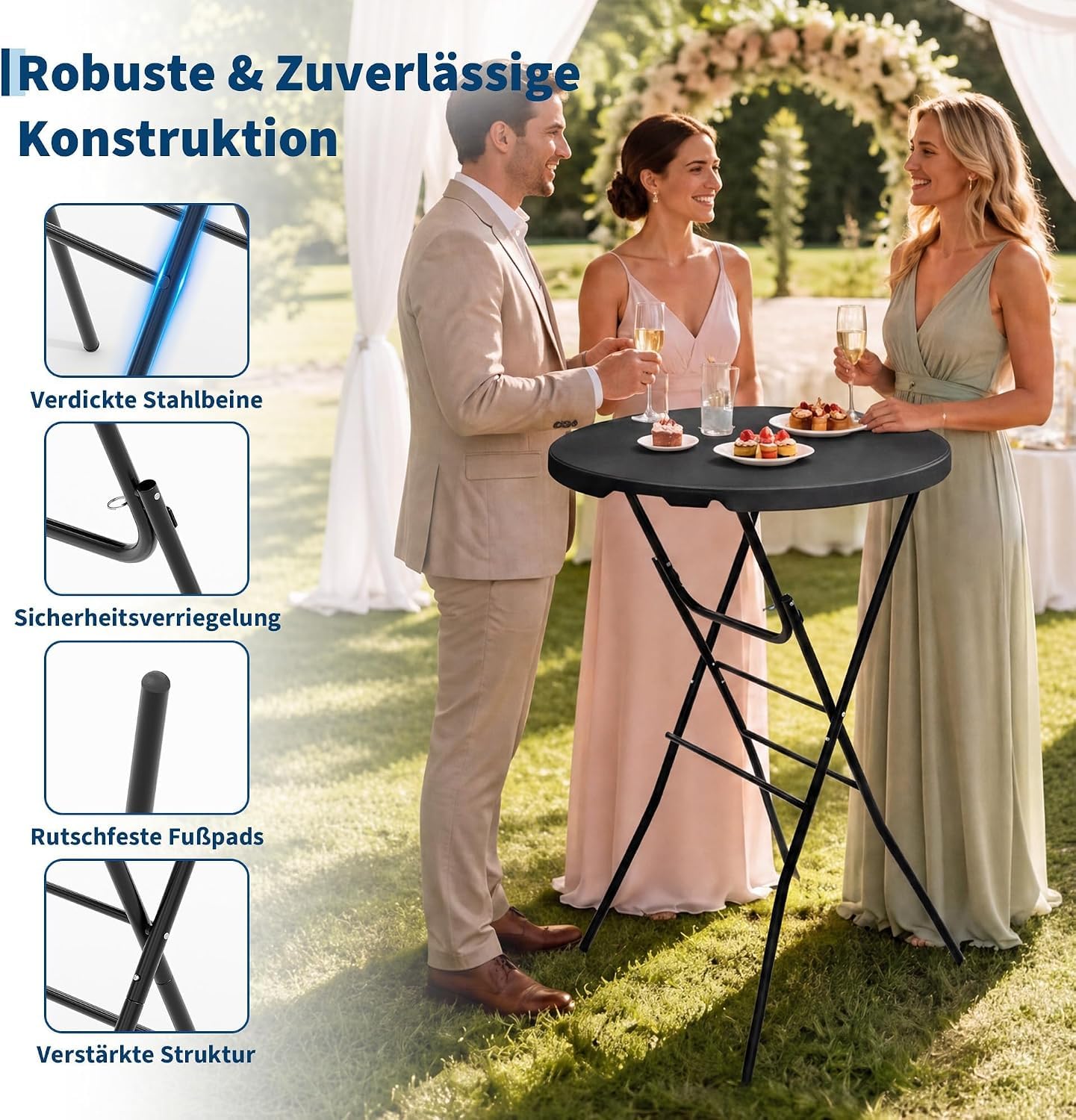 2 Set Klappbarer Stehtisch Rund 80cm x 110cm HDPE Tischplatte Wasserdicht Bistrotisch Bartisch Robust Outdoor Gastro Party Garten Hochzeit, Schwarz