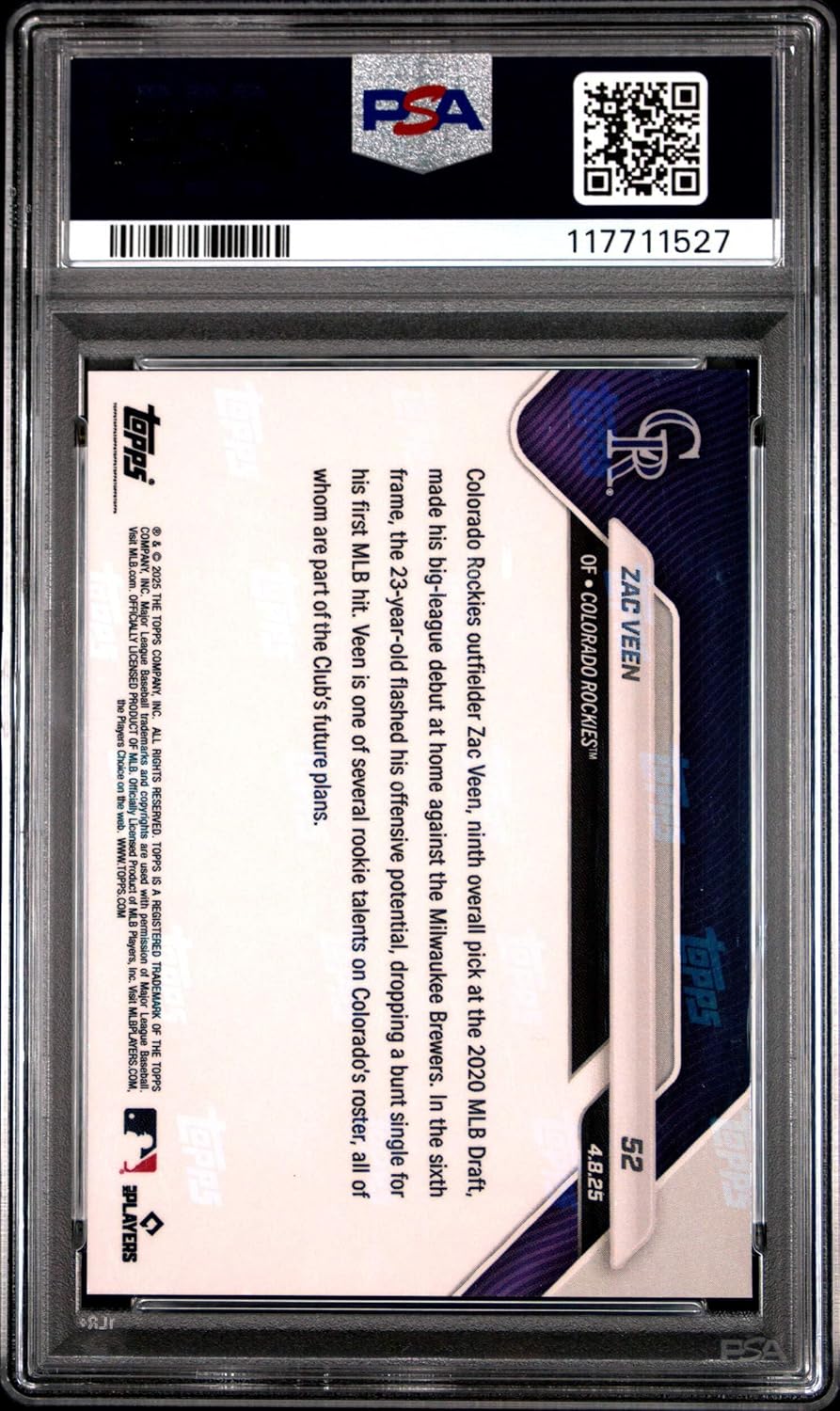 Graded 2025 Topps Now Zac Veen #52 Gold Foil /50 Rookie RC Baseball Card PSA 9 Mint