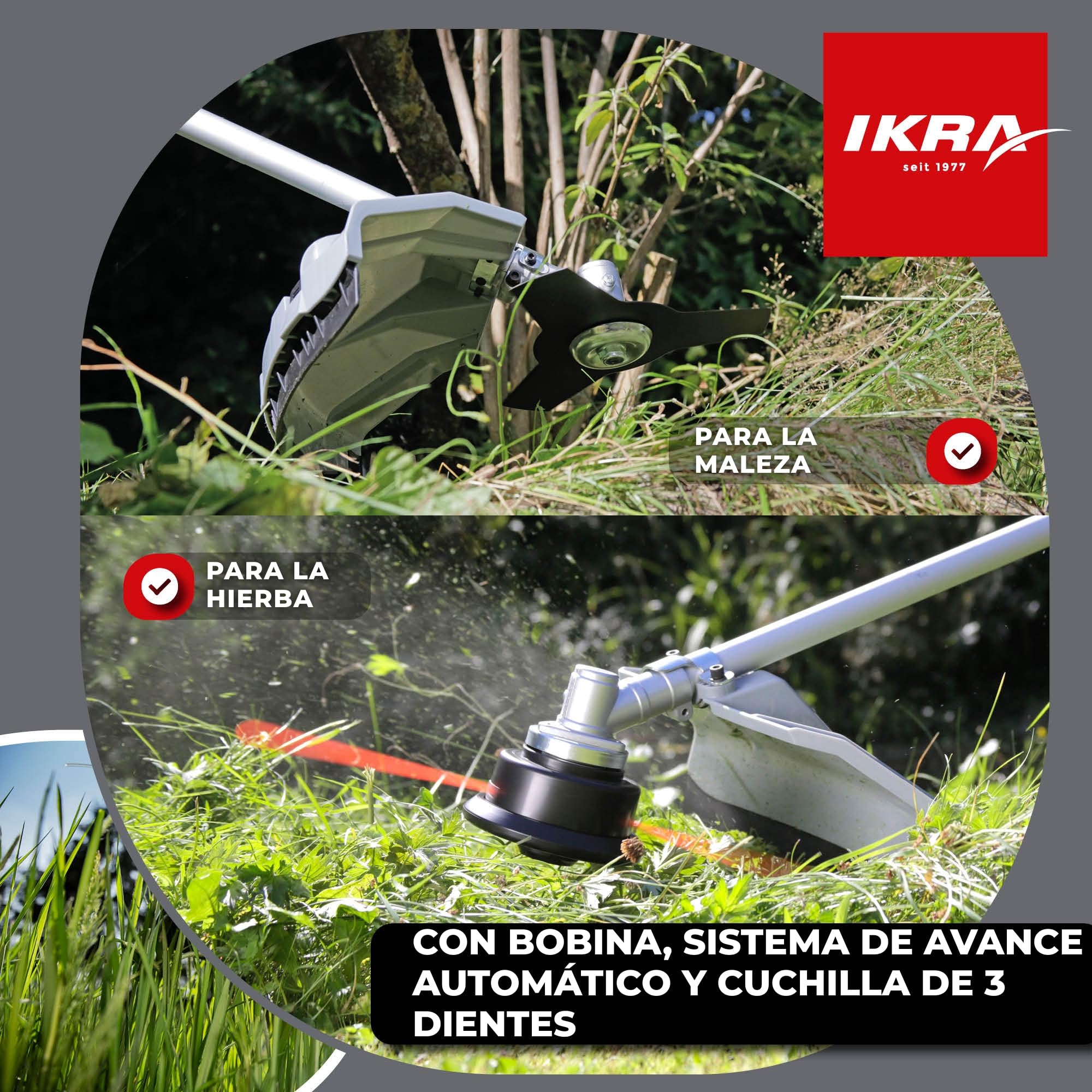 IKRA desbrozadora a Gasolina IBF 43, con Bobina de Hilo y Cuchilla | 42,7cm³ 1,1kW, motor de 2 tiempos, cambio de filtro de aire sin herramientas, empuñadura de aluminio ajustable tipo bicicleta