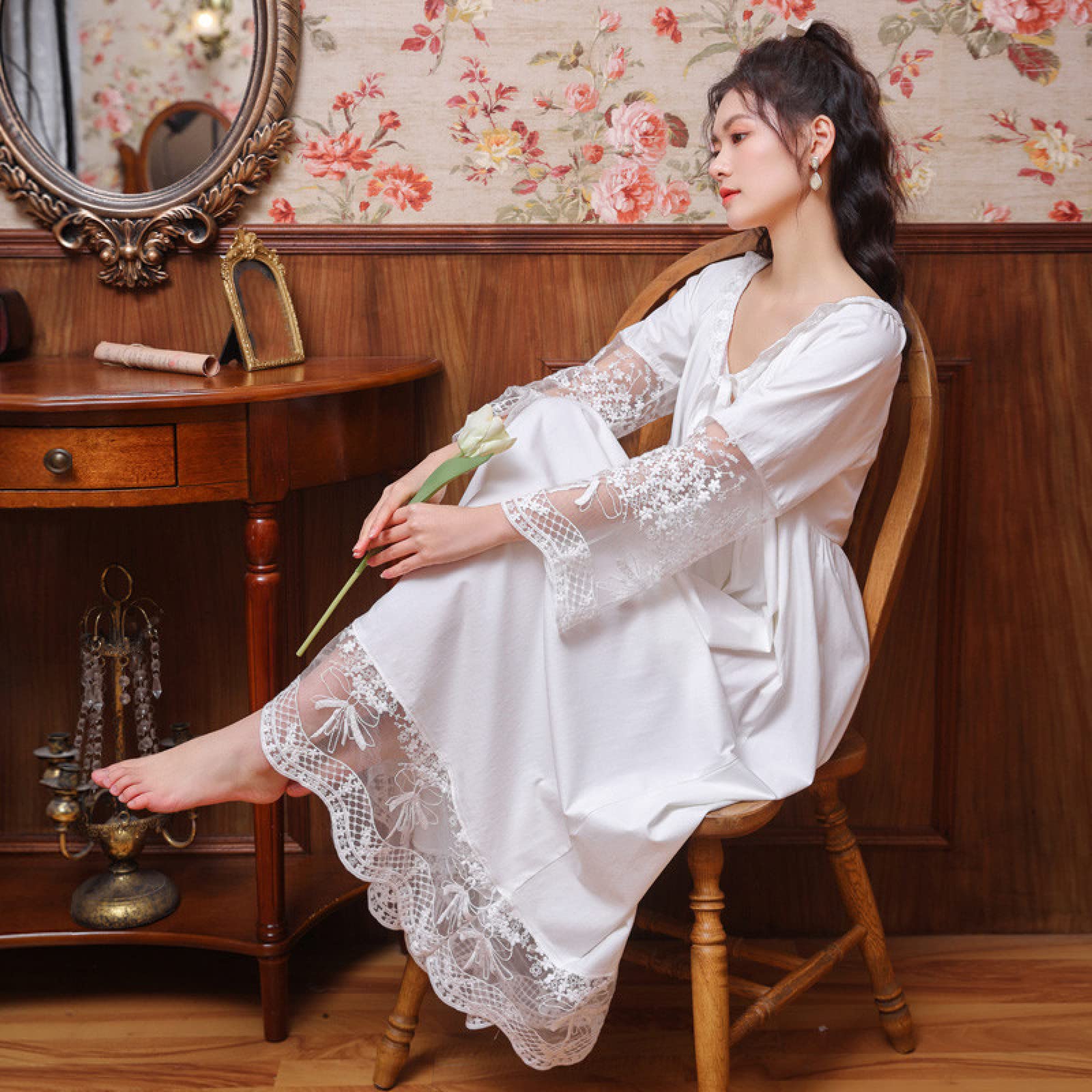 OFFSUM Camisón De Pijama De Mujer - Encaje Jacquard Algodón Ropa De Dormir Dulce Princesa Camisón Elegante Vintage Camisón Boda Primavera Verano Loungewear