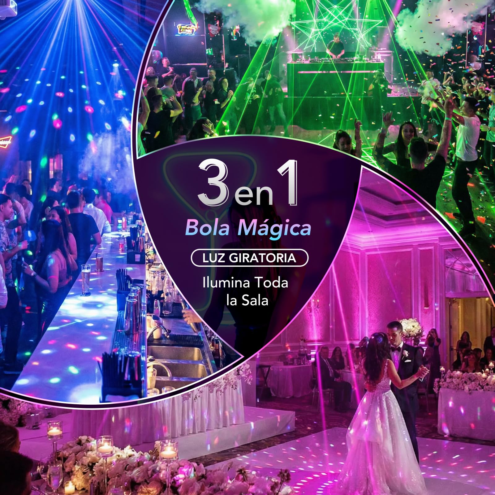 Tomshine Mini Luces Discoteca 3 en 1 con Luz UV Negra, Bola Discoteca Giratoria RGB y 72 Patrones, Luces DJ con Estroboscópica y Control por Música para Fiestas, Bar, Cumpleaños, Escenario