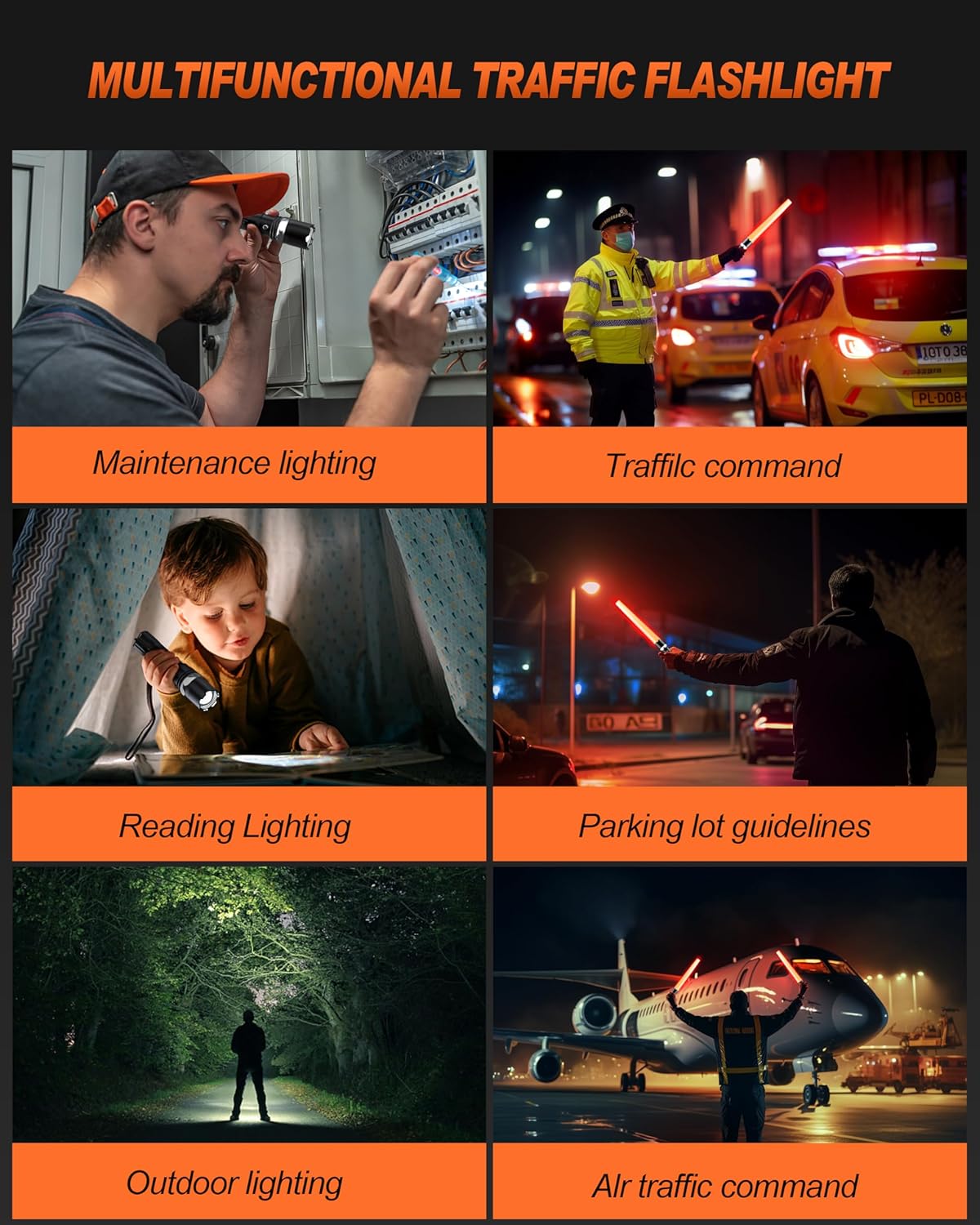 4 Pack Traffic Wand, 16 Inch LED Traffic Flashlight Wand with 5 Flashing Modes, Orange Traffic Safety Control Baton, Air Marshalling Wand for Parking, Aircraft, Car Directing