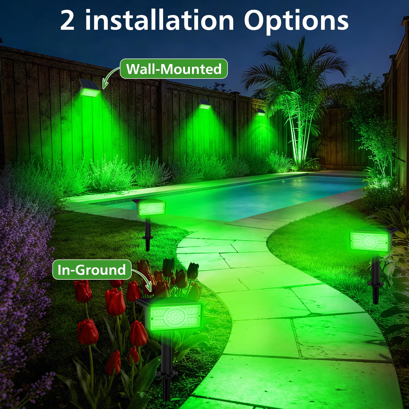 T-SUNUS Focos solares verdes para exteriores, luces solares de jardín impermeables, 2 modos brillantes, luces de seguridad, luz de paisaje de Navidad para jardín, árbol, patio, césped, escaleras