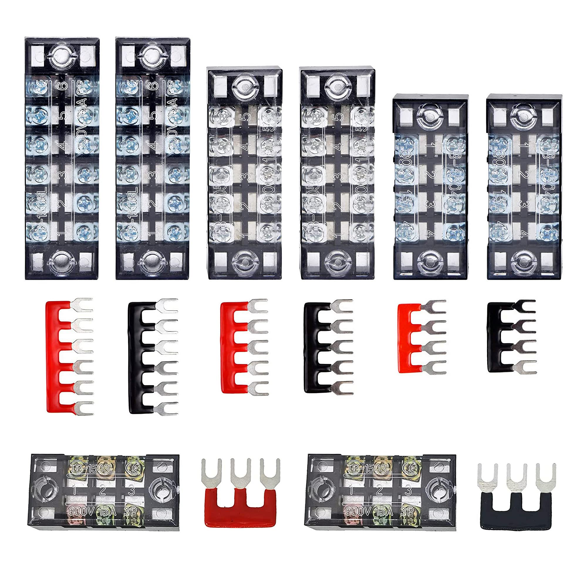 8 Pezzi Morsettiera a Vite a Doppia Fila Morsettiera 3/4/5/6 Posizioni 600V 15A+8 Pezzi Terminali Preisolati,Blocchi Connettori Elettrici con Copertura Protettiva,Rossa e Nera