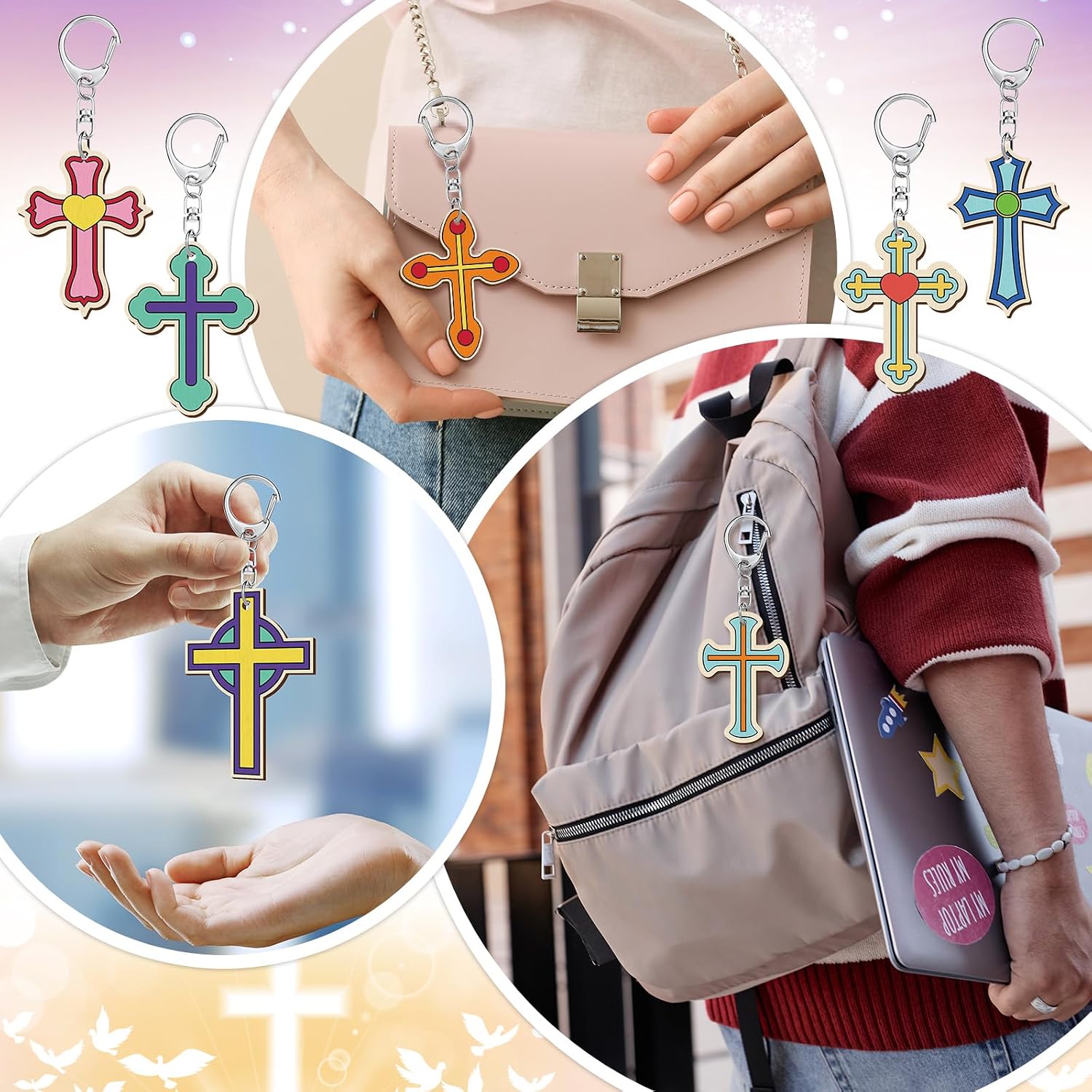 Yuntau 24 Pcs Religious Cross Crafts Sunday School Wooden Keychains Christian Crafts DIY Coloring Keychains Color Your Own Wood Cross Key Chain for Sunday School Vbs Classroom Activities