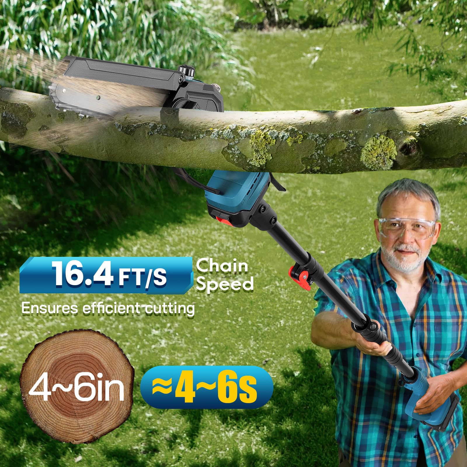 2 in 1 Motosierra Bateria con Pertiga, 950W Motosierra Electrica 31.000 RPM, Mini Motosierra Bateria con Pertiga Telescopica (1,5-2,1m), 2x 4,0Ah Baterias, 144 min, Lubricacion Auto