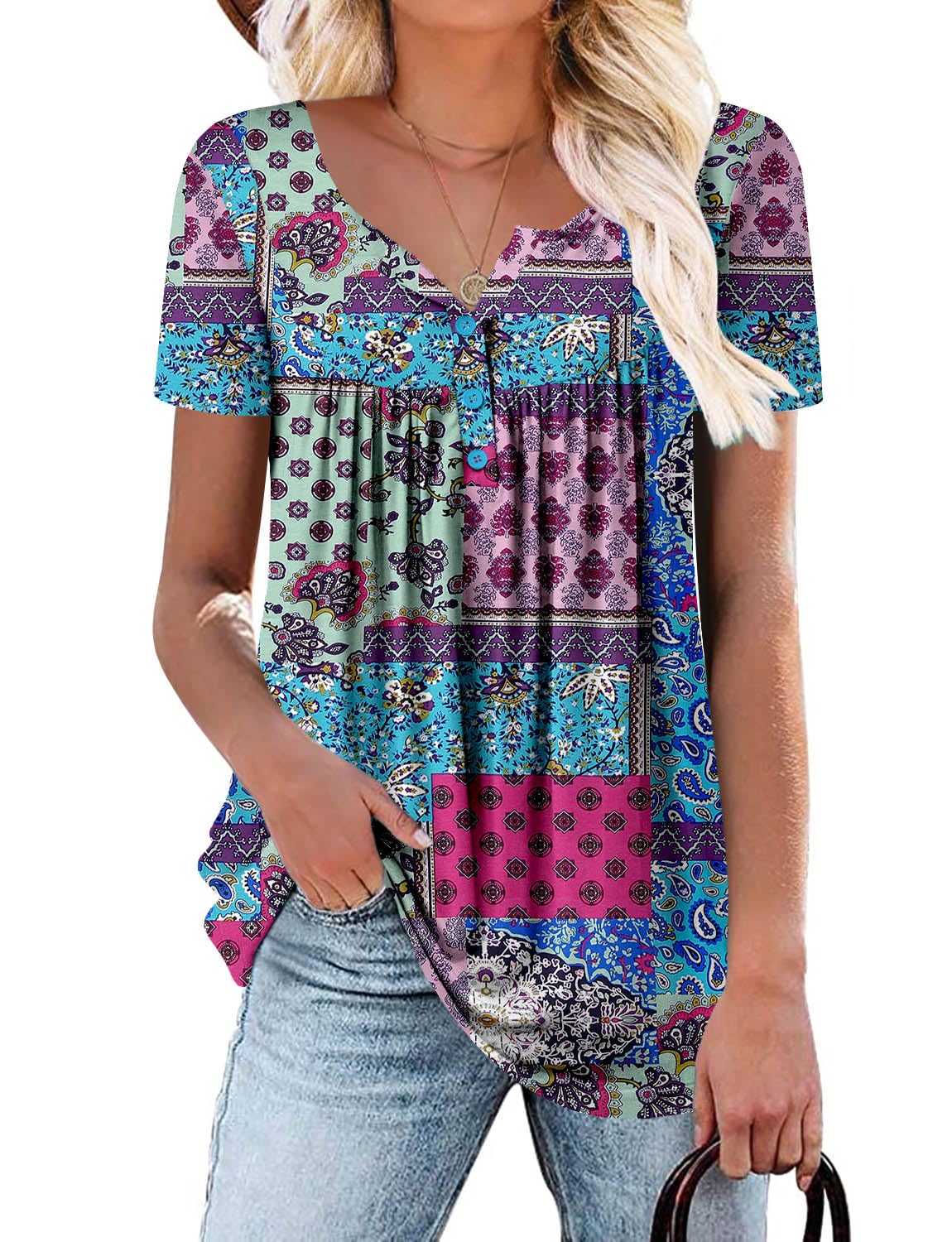 ROSELINLIN Women's Short Sleeve Shirts Floral Summer Tops Loose Fit for Leggings