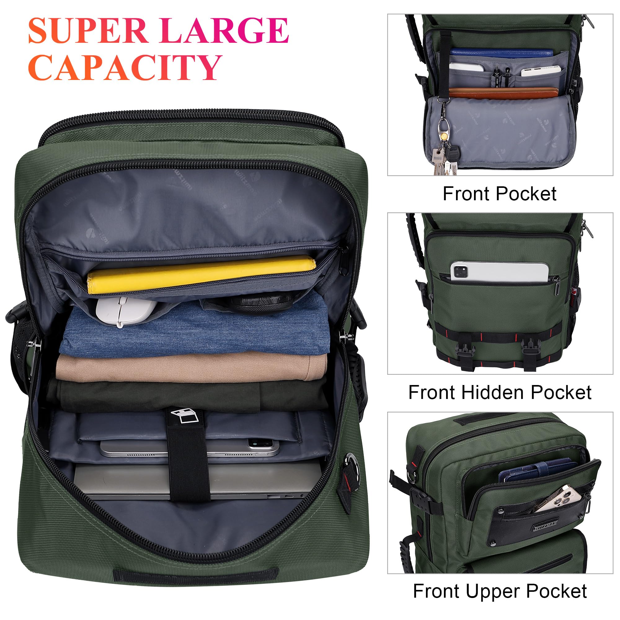 WITZMAN Reiserucksack Herren Nylon USB für 17 Zoll Laptop | Handgepäck-Design, Großer Stauraum, Praktische Organisation und Komfortables Tragen für Reisen, Arbeit, Alltag, B685 Grün
