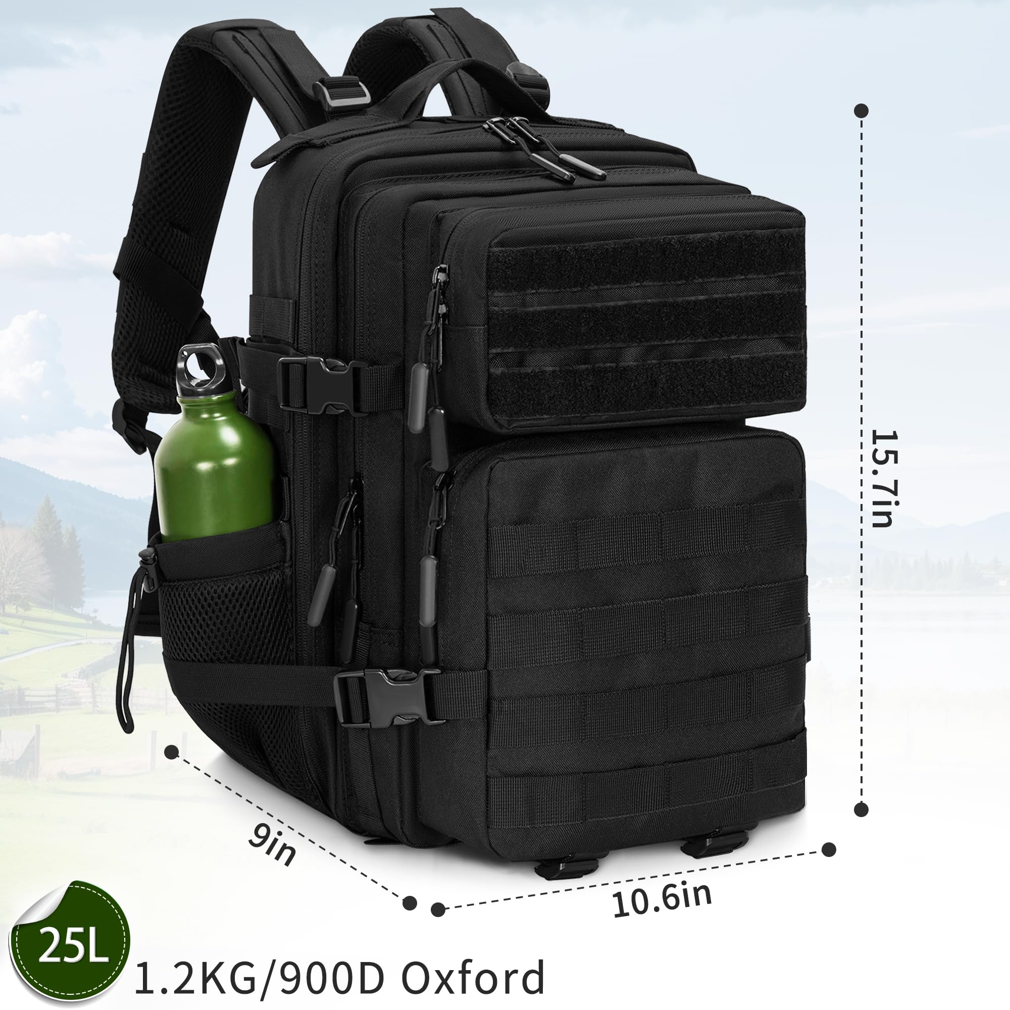 25L Taktischer Rucksack, Outdoor Große Kapazität Assault Pack Bag, Schwarz | Nylon Jagdrucksack,Rucksack für Wandern,Wanderrucksack, Go Bag Rucksack Trekking,Camping und Outdoor Aktivitäten,Wasserdicht